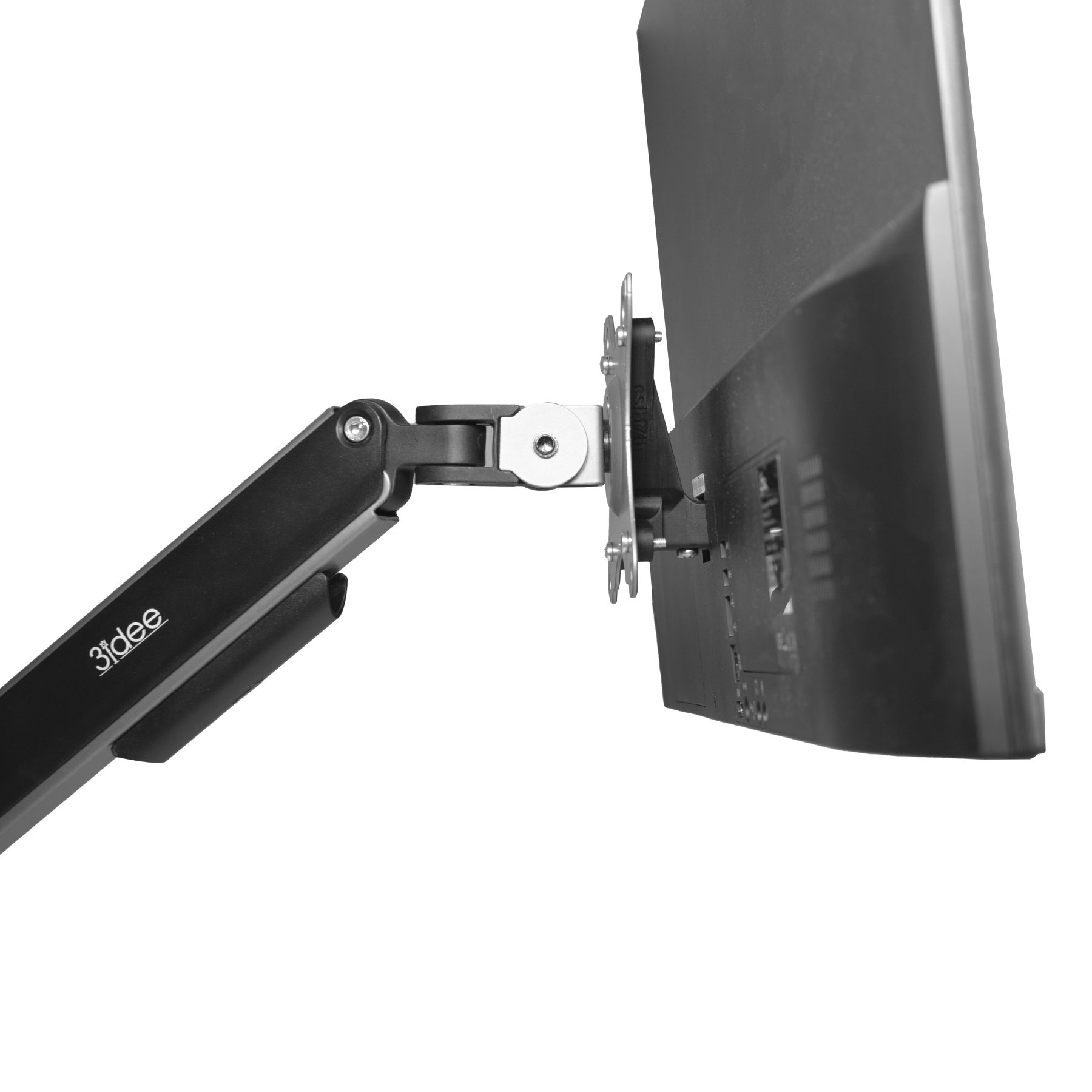 Monitor an einem schwarzen Arm befestigt. Die Rückseite des Monitors ist sichtbar.