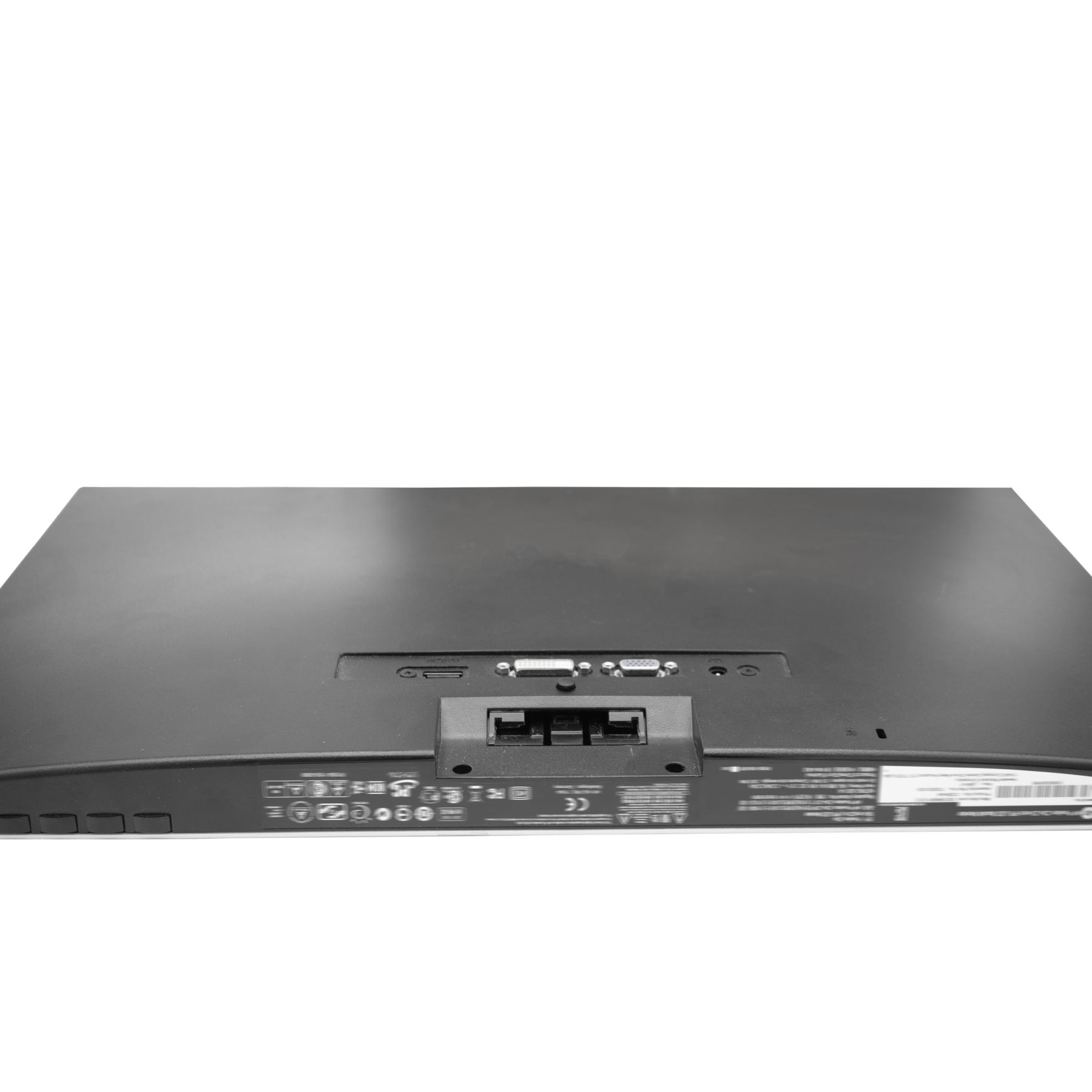 Die Rückseite eines schwarzen Computermonitors mit verschiedenen Anschlüssen und Anschlusssteckplätzen sichtbar.