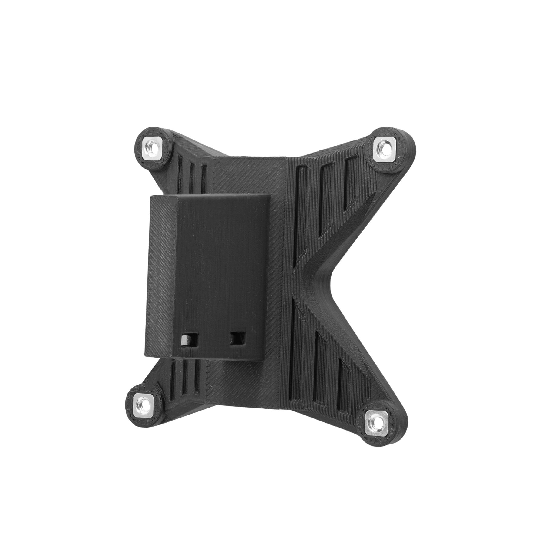 Schwarze 3D-gedruckte Halterung mit vier Eckschrauben und einer schwarzen Box in der Mitte.