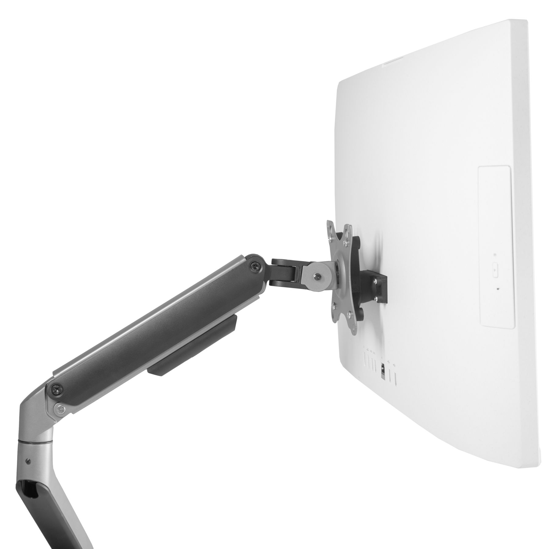 Ein weißer Monitor, montiert an einem grauen Arm. Von hinten und der Seite gesehen.