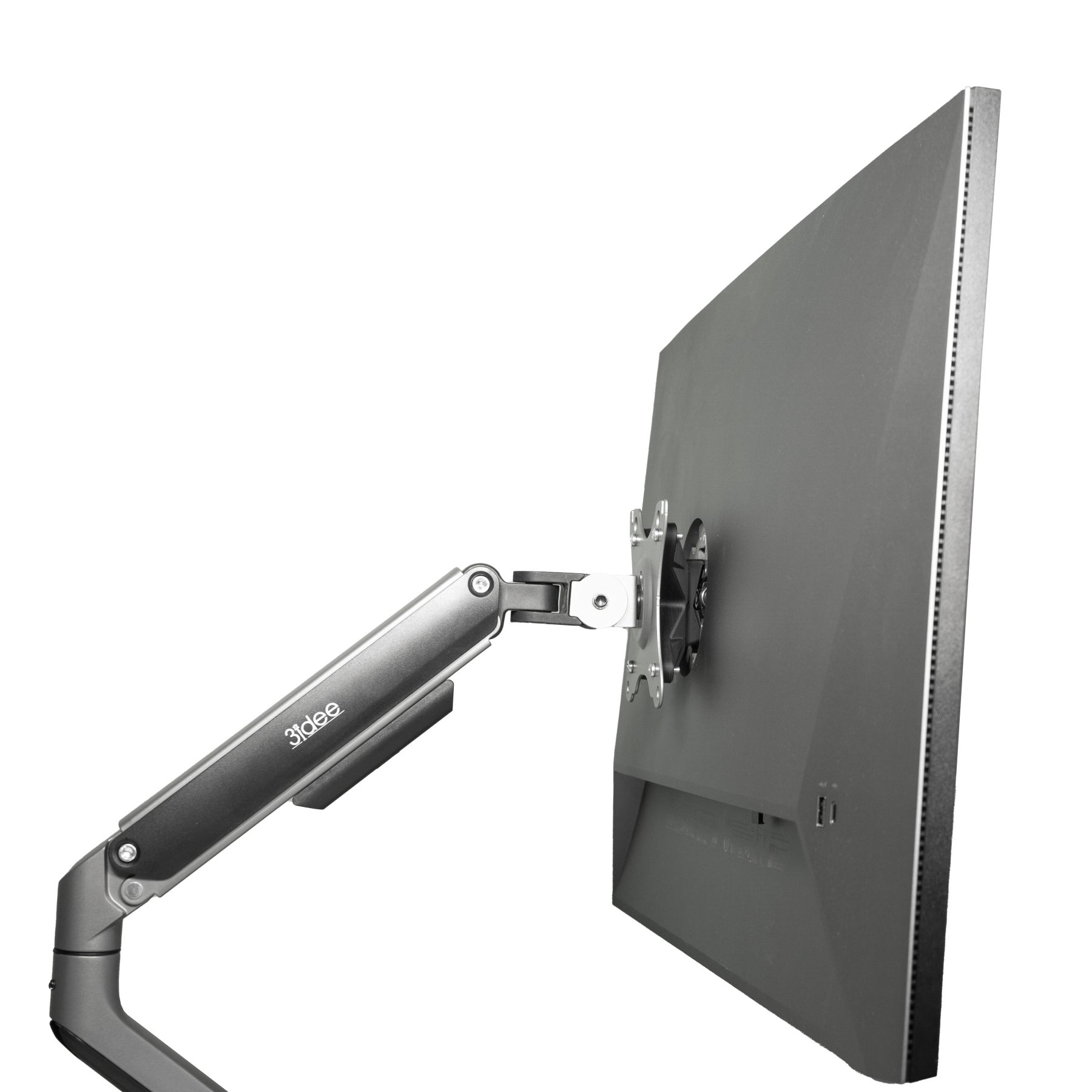 Monitor mit Arm, von der Seite gesehen. Der Arm ist grau und stützt den Monitor.