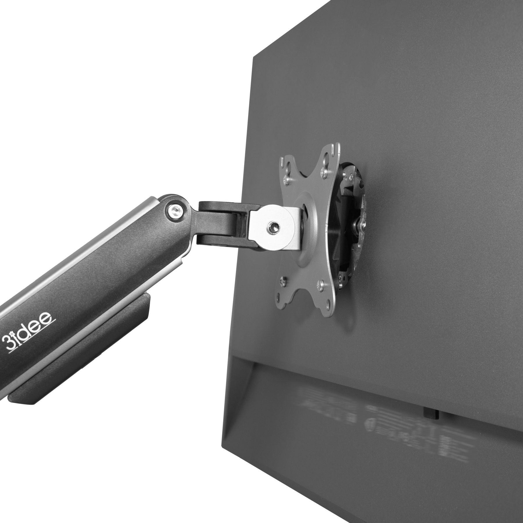 Monitorarm mit schwarz-silbernem Design, verbunden mit einem Monitor und weißem Hintergrund.