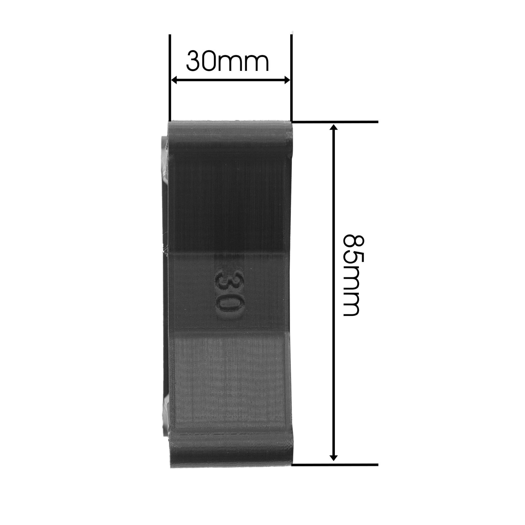 Schwarzer Kunststoffclip mit 30 markiert, und Abmessung 30 mm x 85 mm.