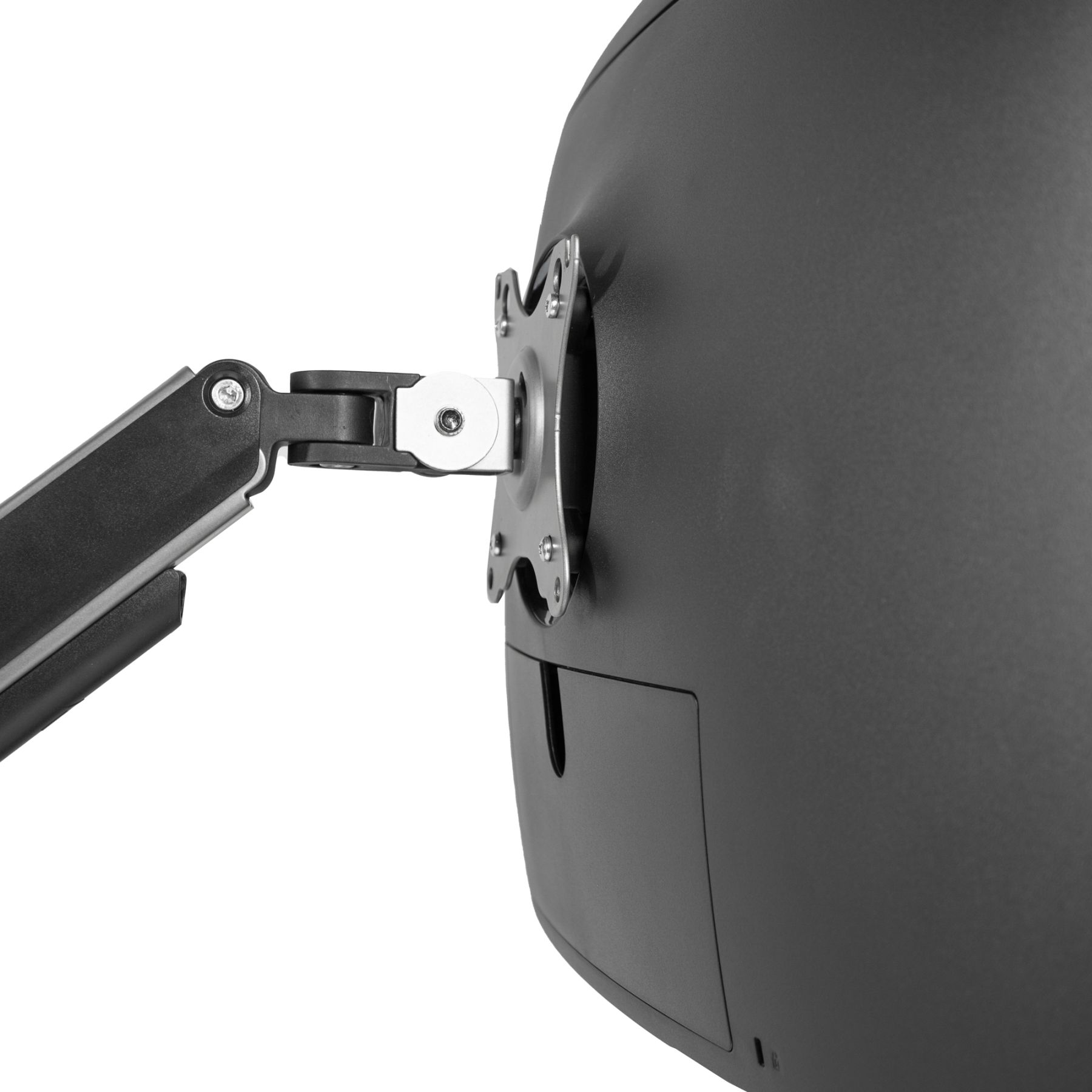 Die Rückseite eines gebogenen Monitors mit einem Standarm und weißem Hintergrund.