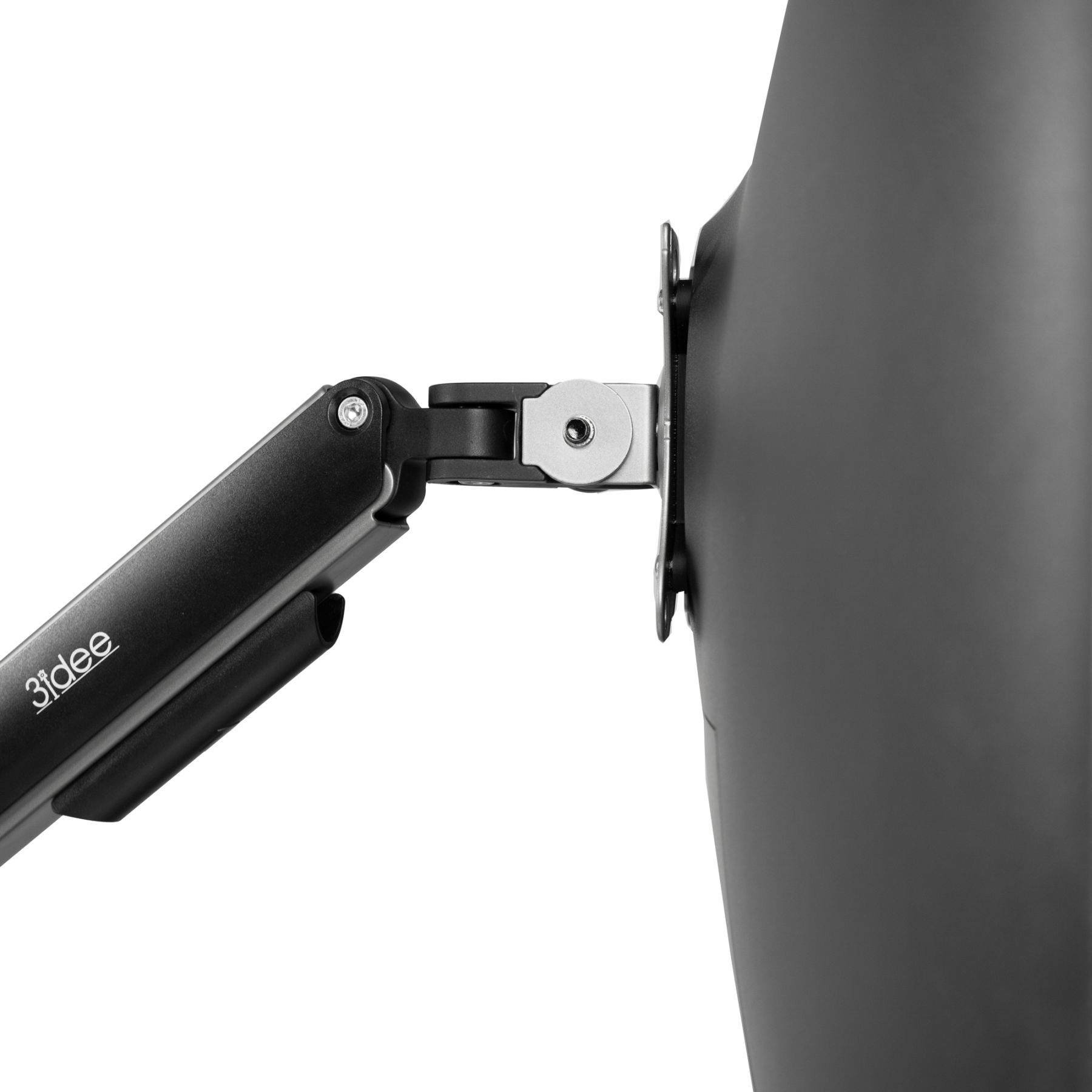 Monitorarm mit befestigtem Monitor, schwarz-silbernes Design.