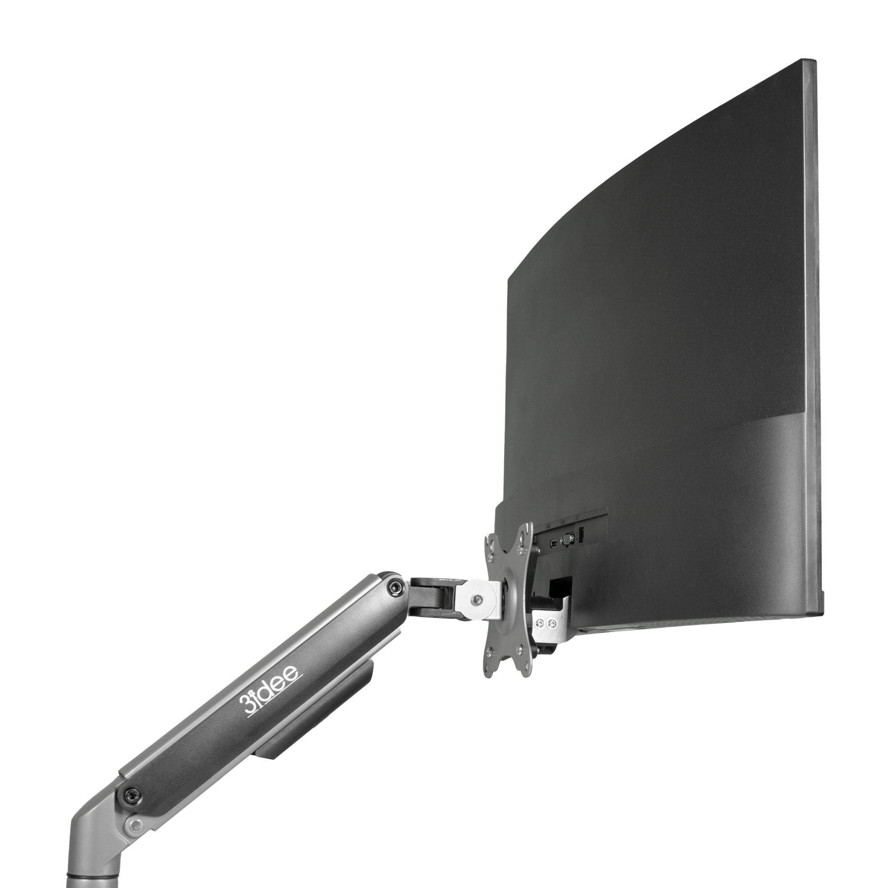 Die Rückseite eines Monitors, der an einer Armhalterung befestigt ist. Anschlüsse sind sichtbar.