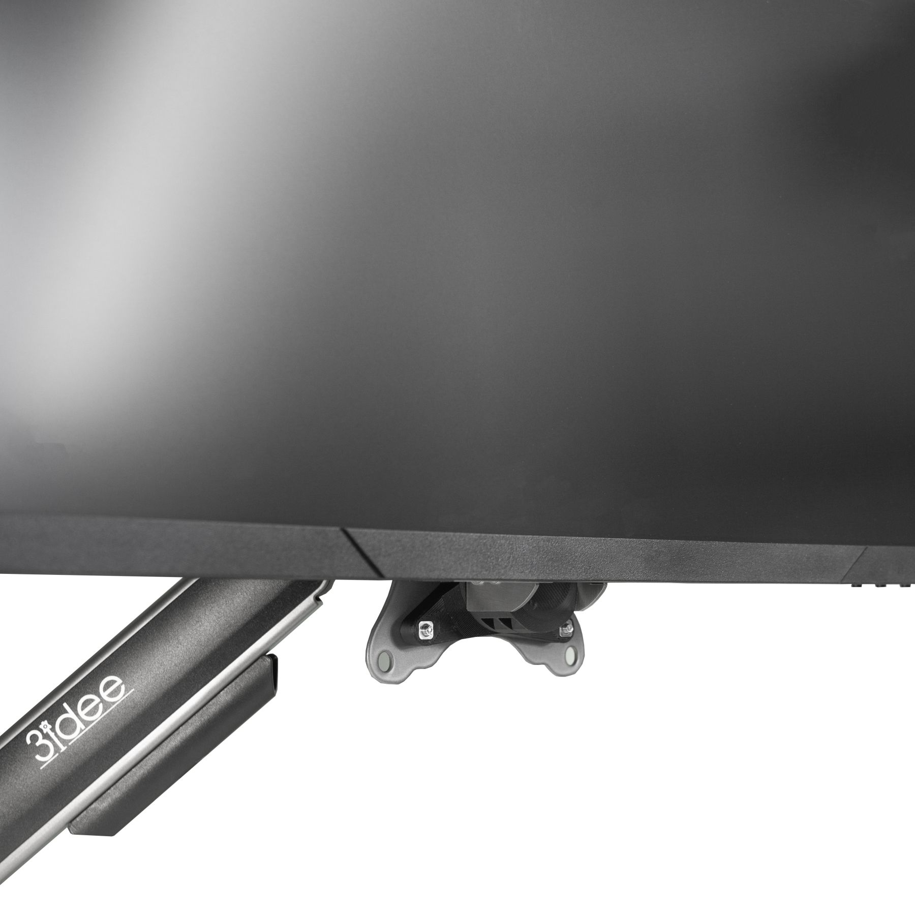 Nahaufnahme des Monitors. Der Monitor ist schwarz und an einem Arm montiert.