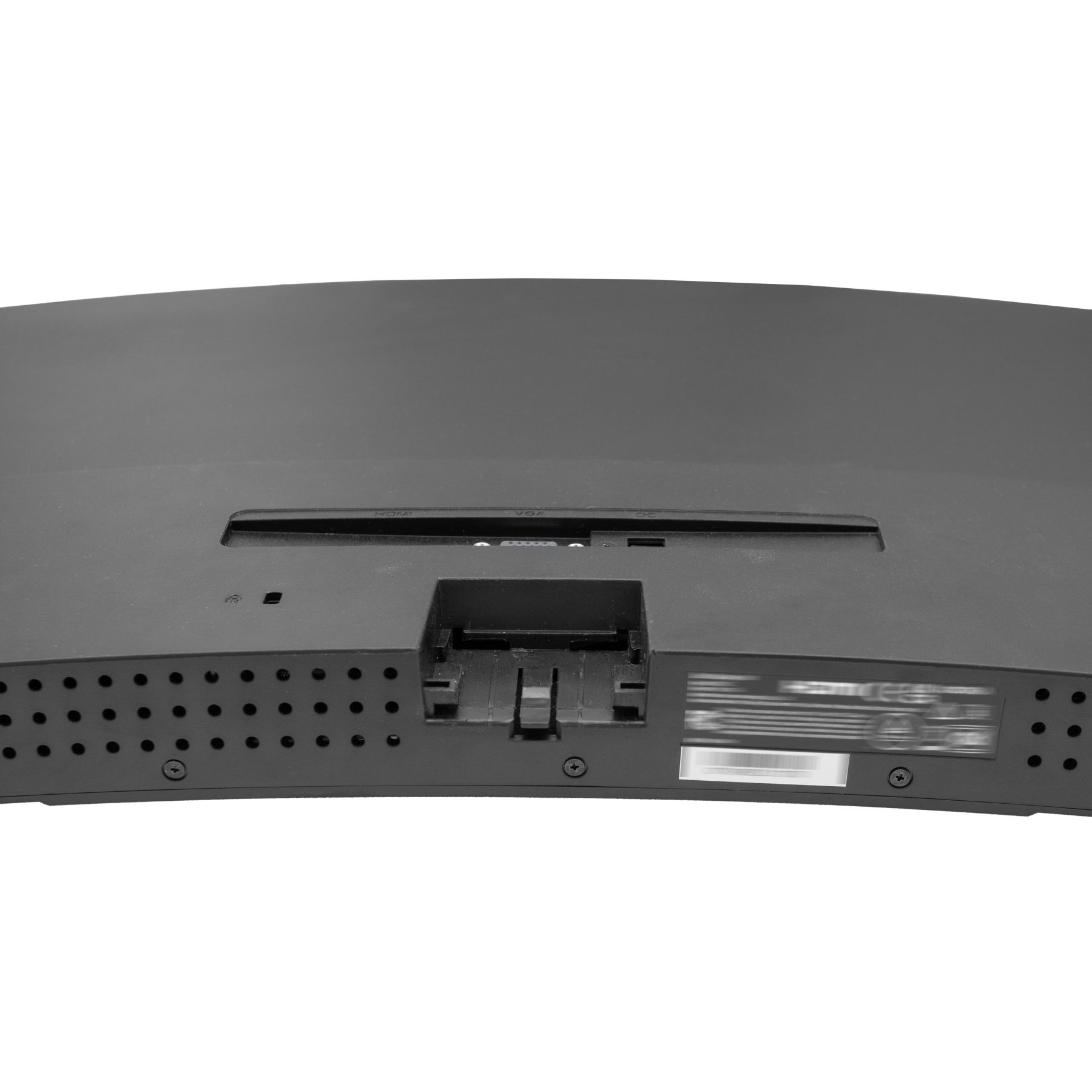 Rückseite eines gewölbten Monitors. Schwarze Farbe mit Lüftungsschlitzen und Anschlussanschlüssen.