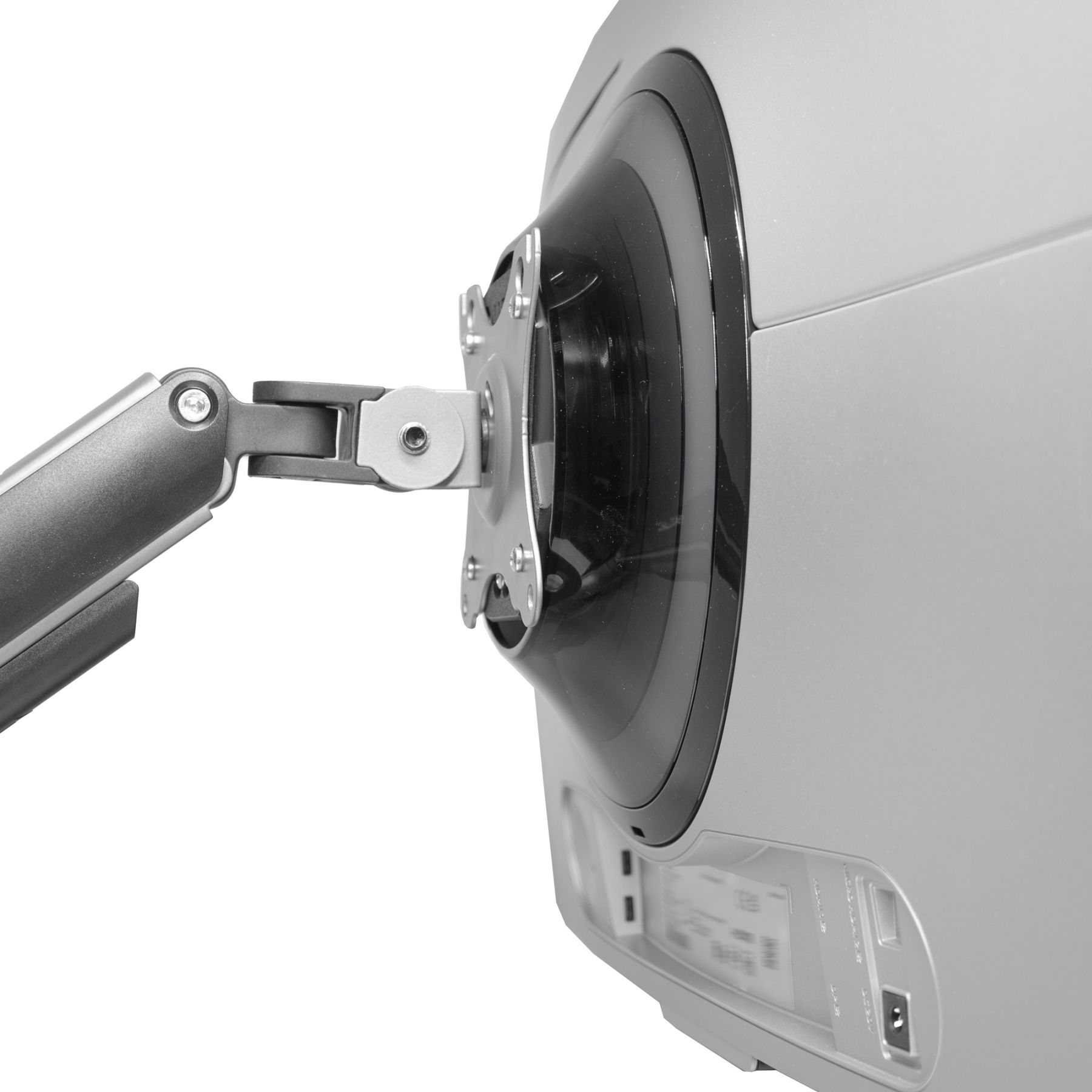 Nahaufnahme eines Monitors, der an einem Arm montiert ist. Der Arm ist grau, der Monitor ist schwarz.
