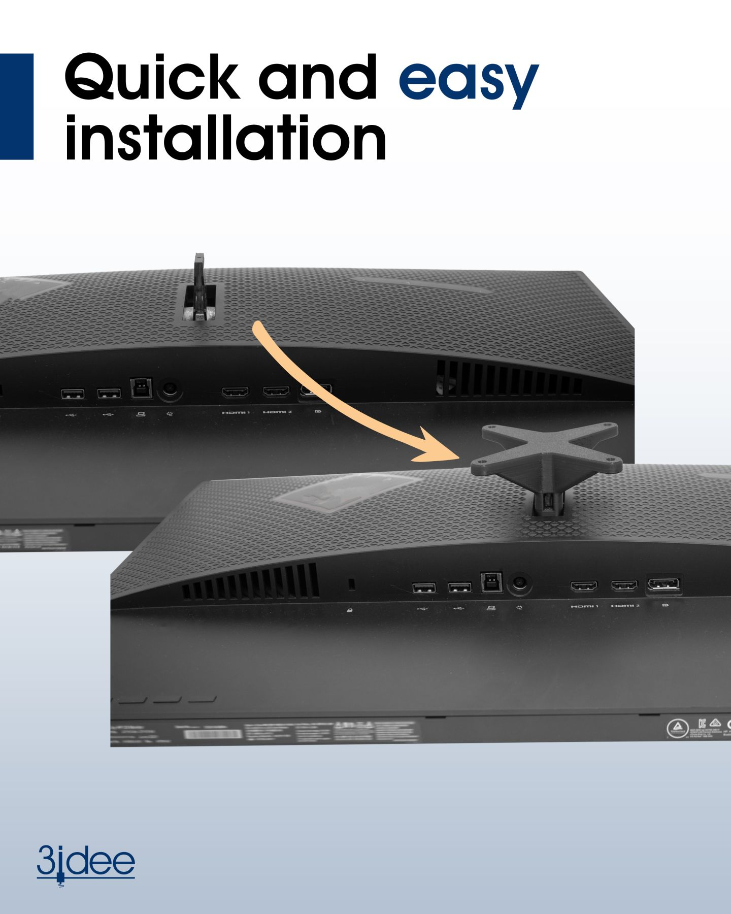 Rückseite von zwei Monitoren mit Pfeil auf den Montagebereich. '3idee' Logo.