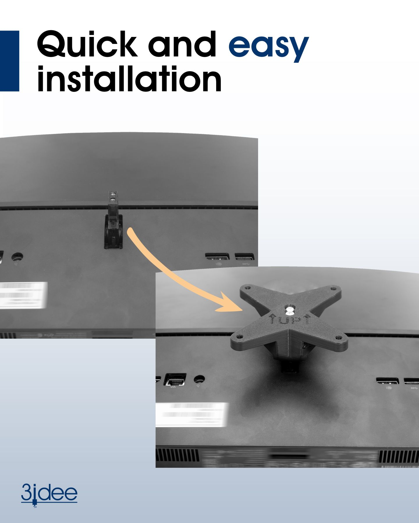 Schwarzer Monitor mit einfacher Installation, mit Rück- und Schraubbefestigung.