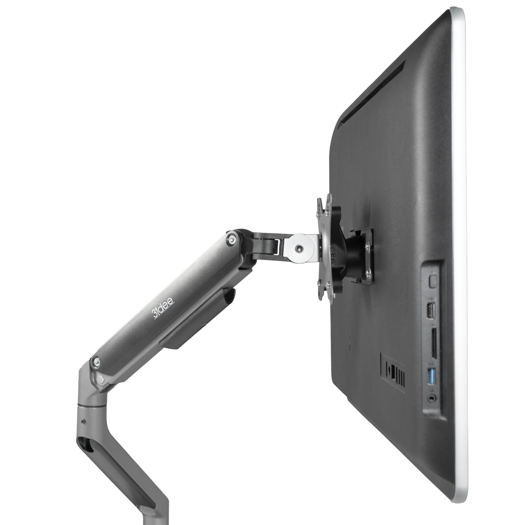 Ein Monitor ist auf einem grauen, gelenkigen Arm montiert, der nach rechts abgewinkelt ist, vor weißem Hintergrund.