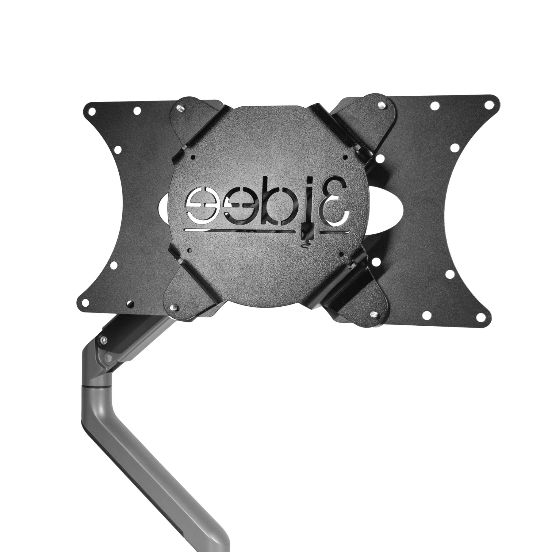 Schwarzer Monitorarm mit 'ebie' Logo. Metallisch grauer Arm, weißer Hintergrund.