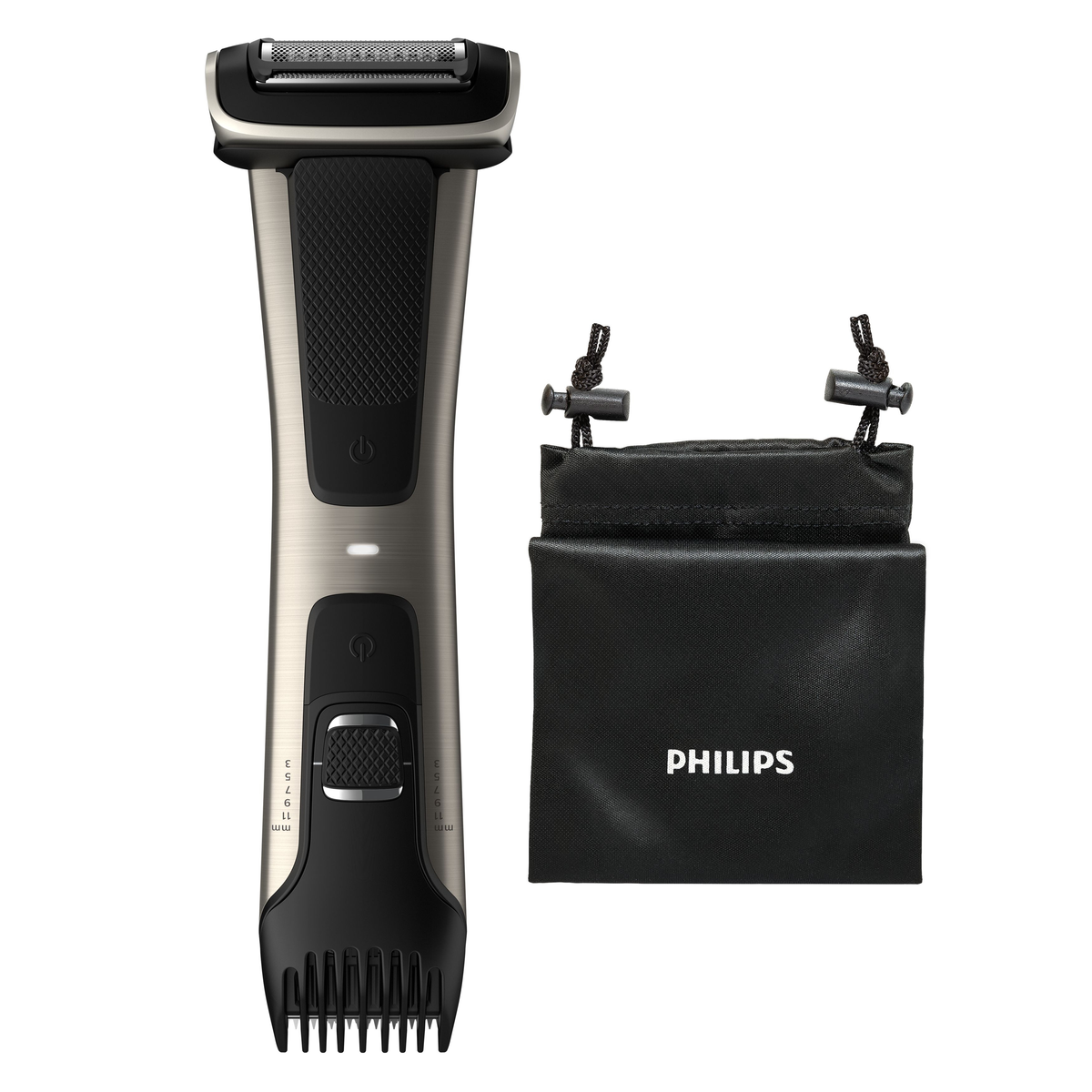 Philips bodygroom, trymer i czarny woreczek z logo Philips.