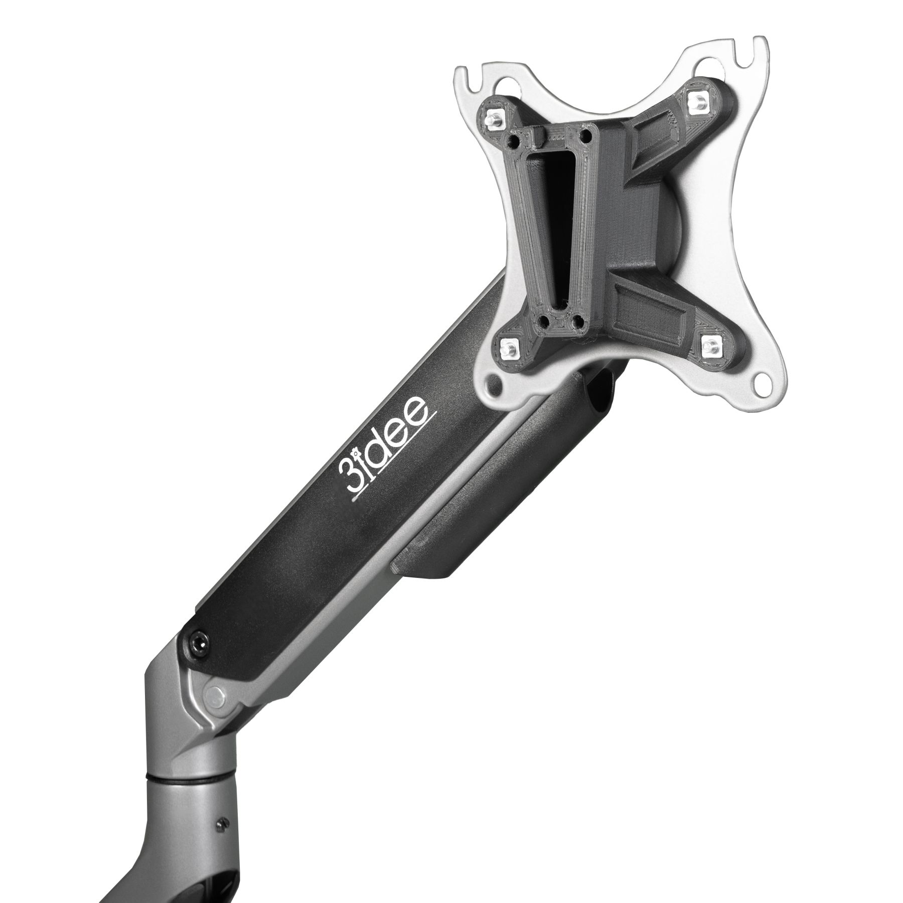 Ein Monitorarm mit 3 ideee Logo. Der Arm ist silber und schwarz, mit silberner Montageplatte.