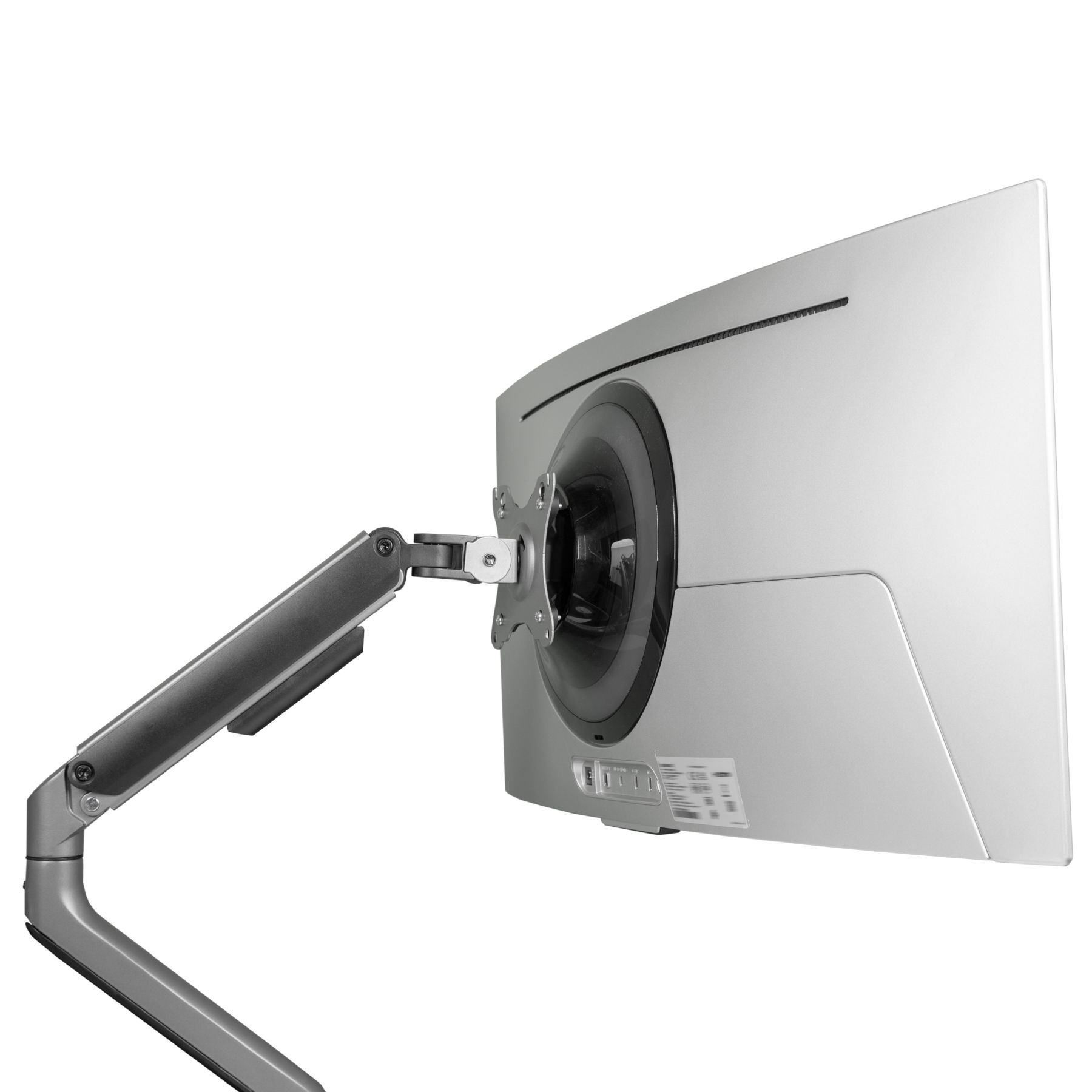 Rückseite eines Monitors mit grauem Arm, weißer Hintergrund.