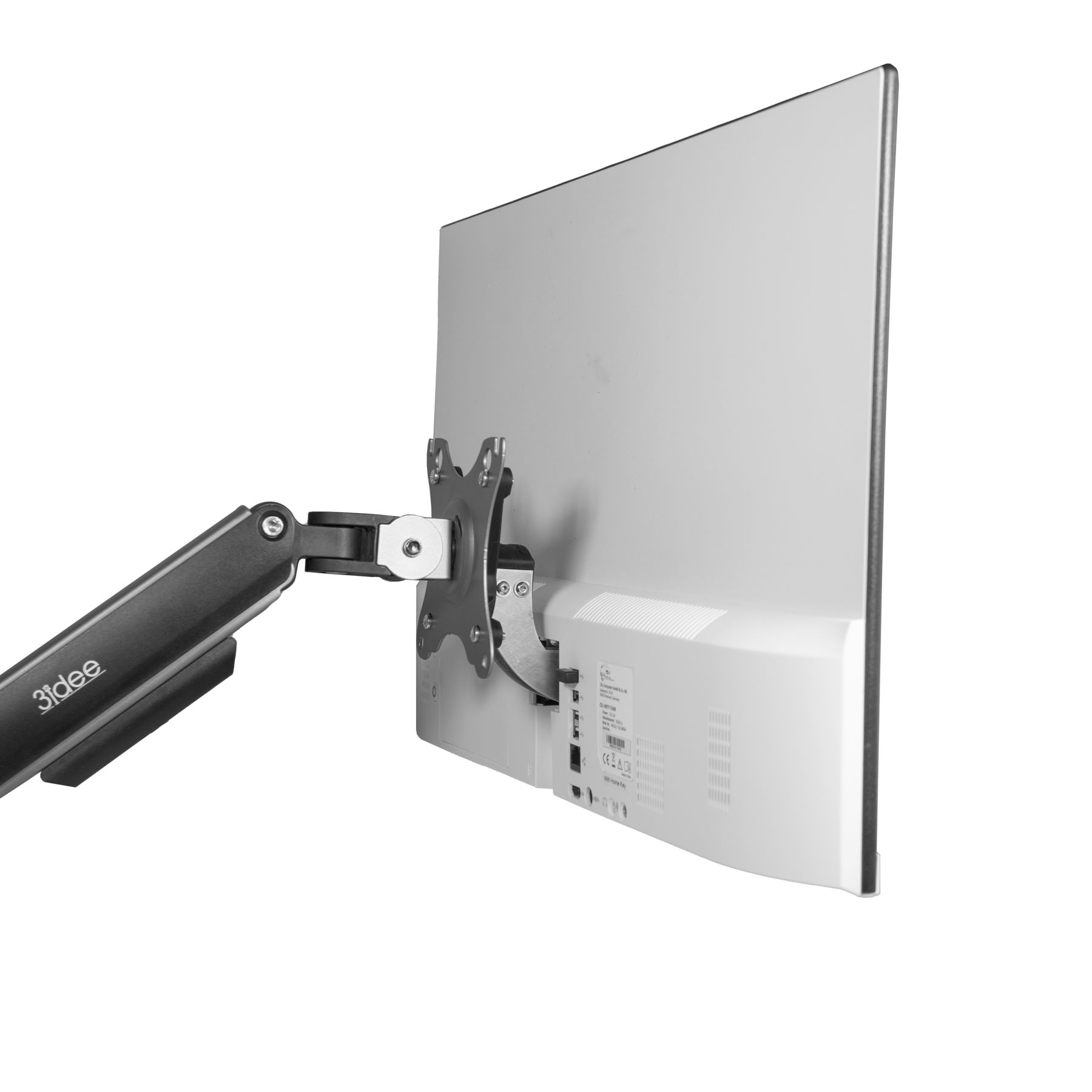 Monitor an einem schwarzen, beweglichen Arm montiert. Weiße Monitorrückseite vor weißem Hintergrund.