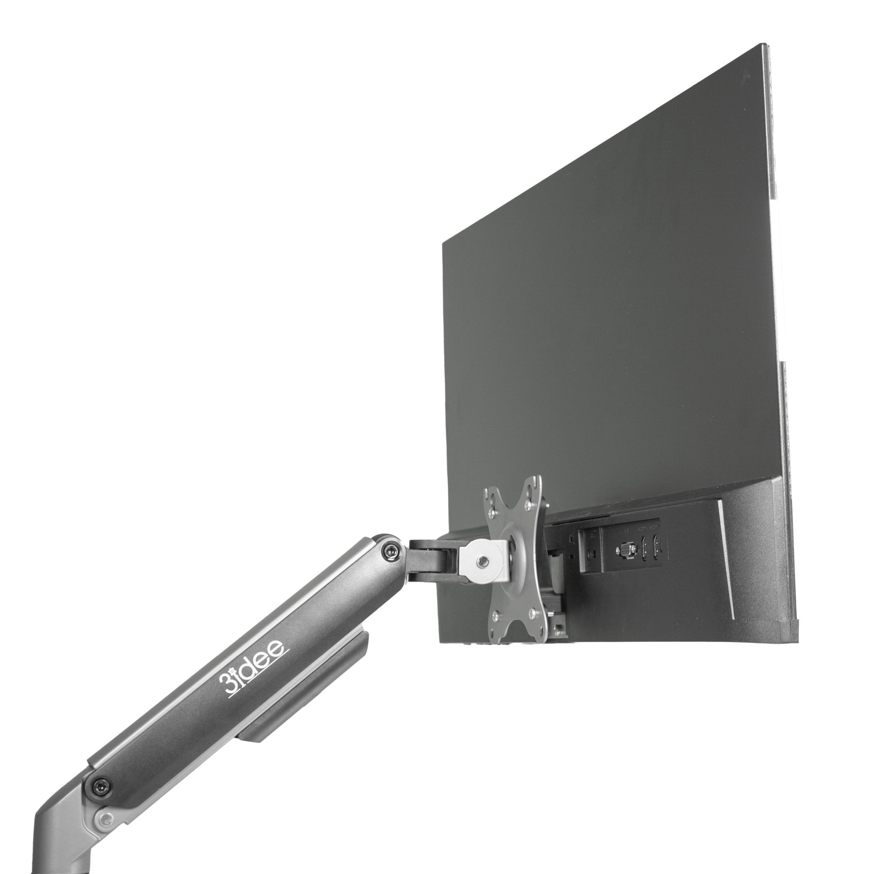 Monitorarm mit angebrachtem Monitor. Der Arm ist grau mit dem Logo "3idee" darauf.
