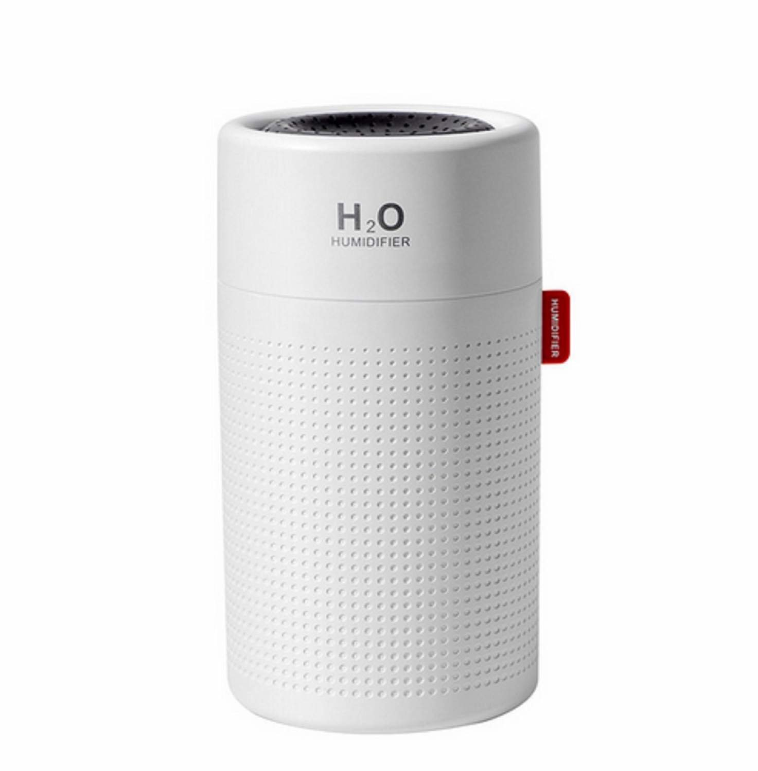 White humidifier with "H2O HUMIDIFIER" text and a red label. White background.