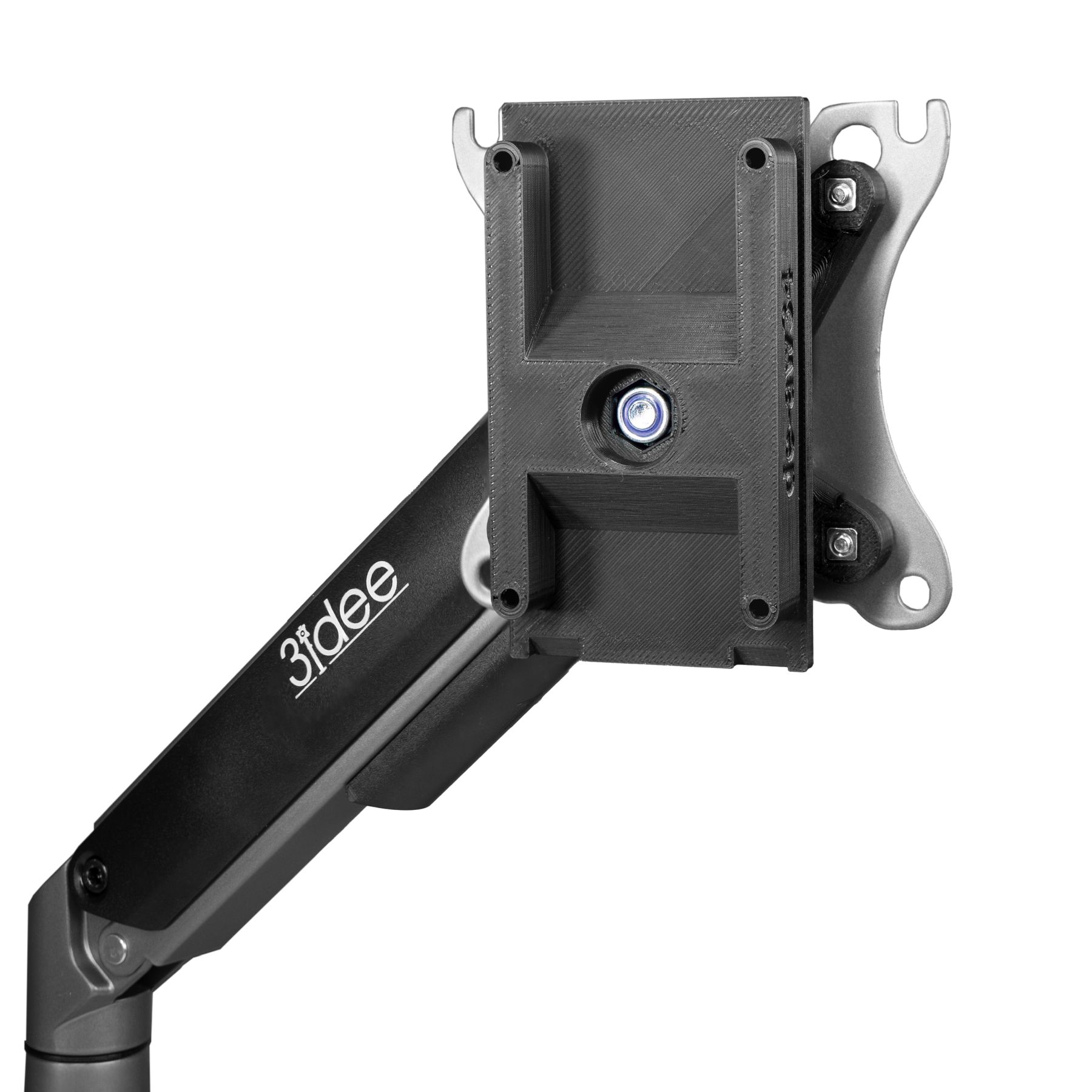 Schwarzer und grauer Monitorarm mit 3idee-Logo. Der Arm hält eine schwarze Halterung.
