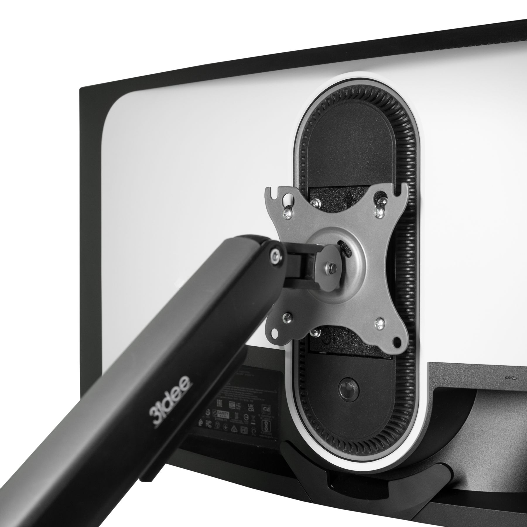 Rückseite eines Monitors mit Montagehalterung und Armbefestigung.