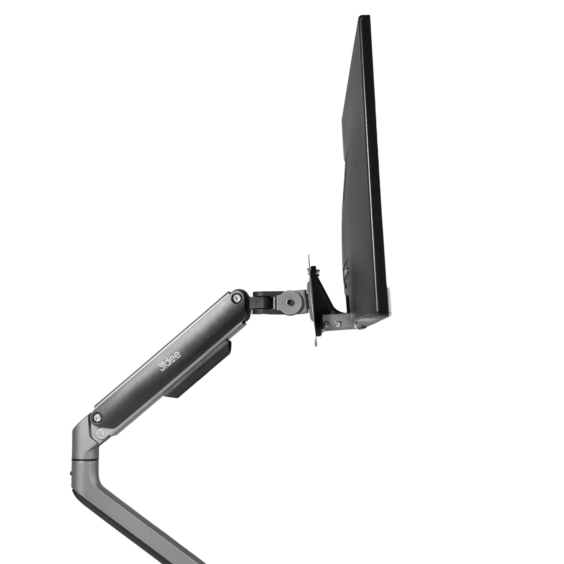 Monitorarm an einem Monitor befestigt. Der Arm ist grau mit dem Markennamen 3idee. Der Monitor ist schwarz.