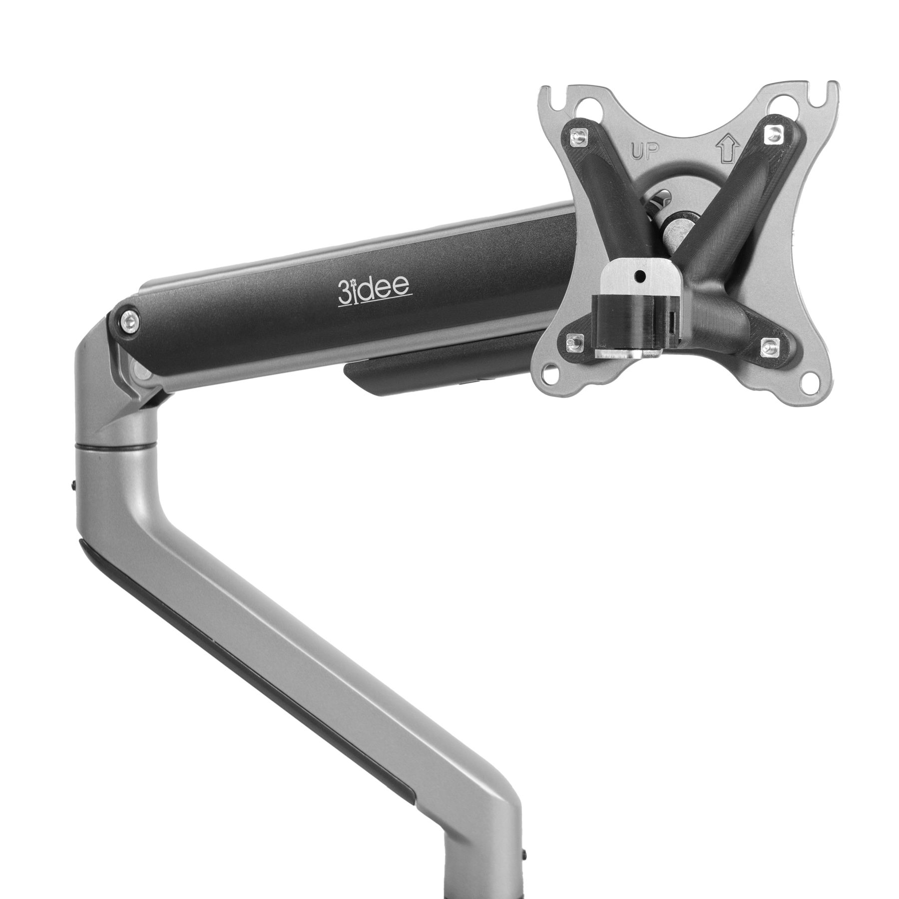 Silber-schwarzer Monitorarm. Er ist verstellbar und hat das Logo '3idee'.