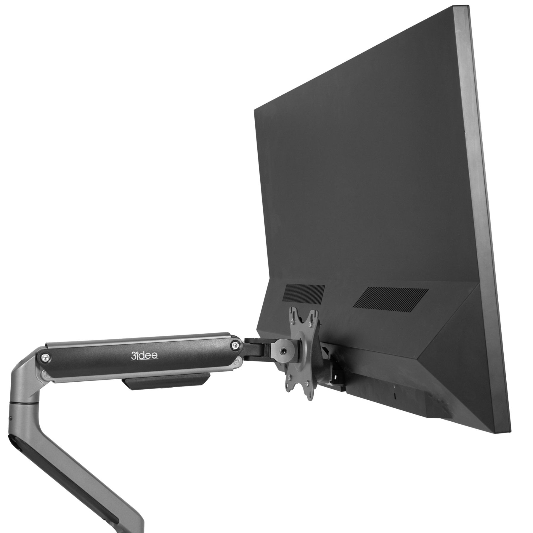 Ein grauer Computermonitor an einem verstellbaren Arm. Der Monitor ist leicht geneigt.