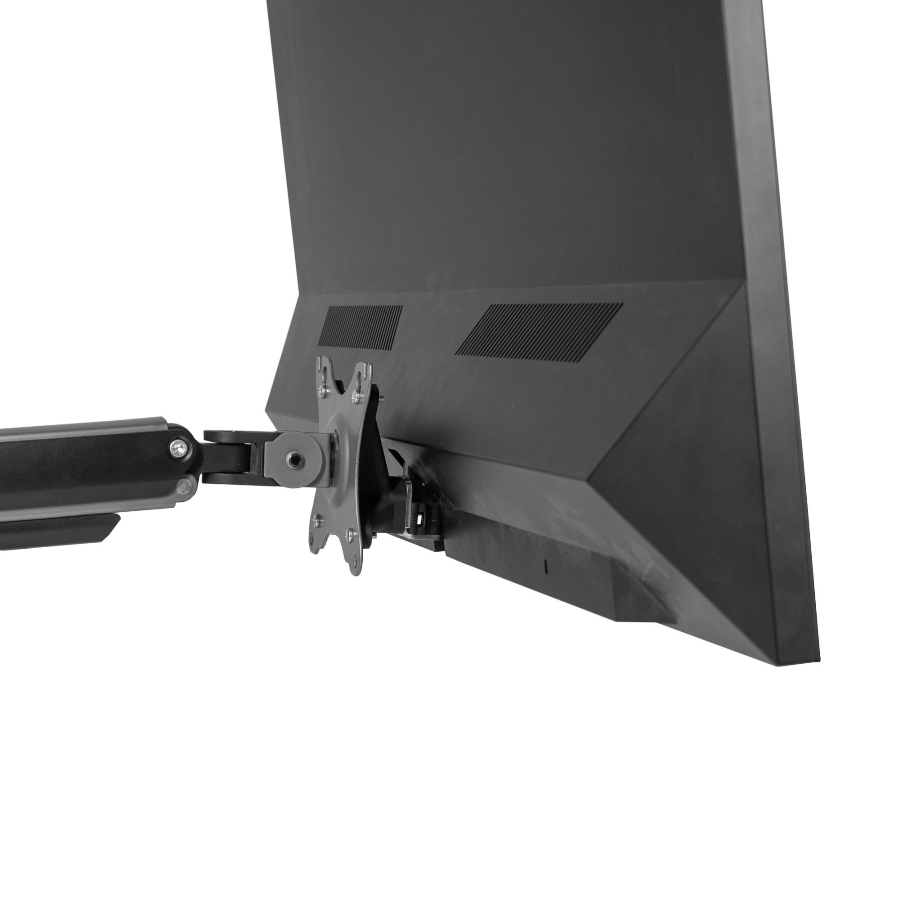 Die Rückseite eines schwarzen Monitors, der an einem Arm montiert ist. Der Arm ist mit dem Monitor verbunden.