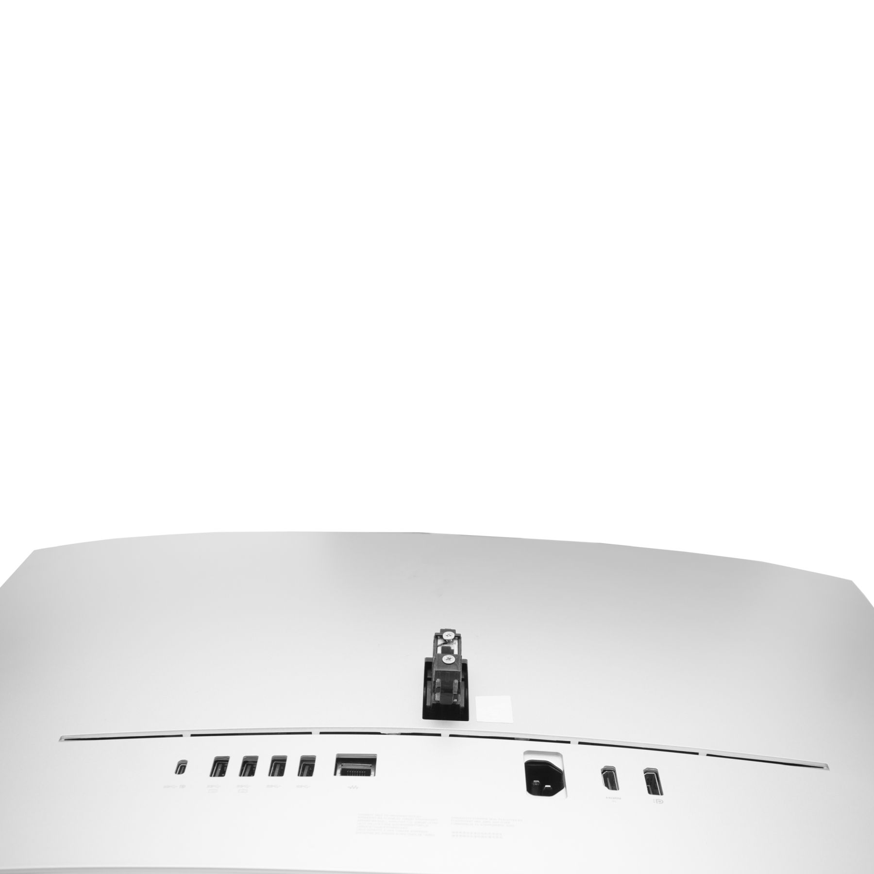 Die Rückseite eines weißen Computermonitors mit Anschlüssen und einer schwarzen Halterung.