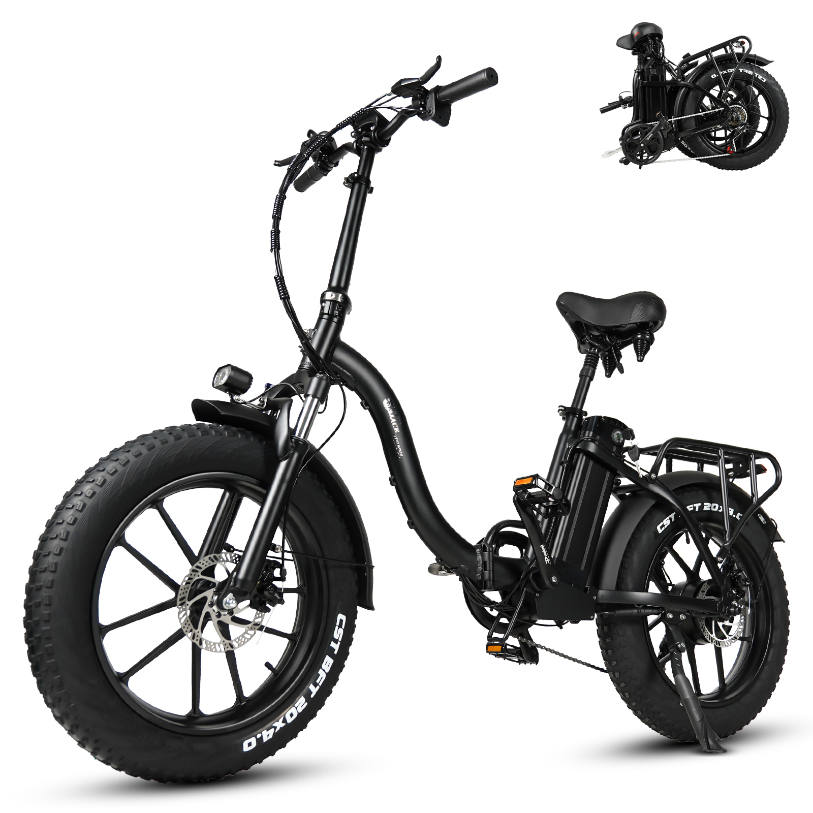 Schwarzes, faltbares Elektrofahrrad. Hat große Reifen. Dazu ein kleineres Bild des zusammengeklappten Fahrrads.