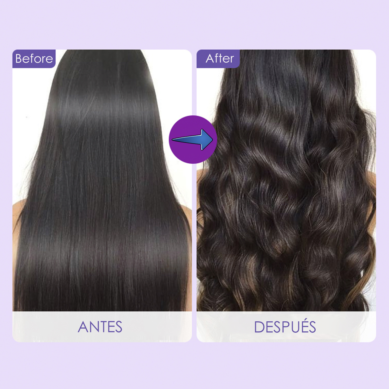 Trattamento capelli prima e dopo. Capelli neri lisci diventano mossi, castano scuro.