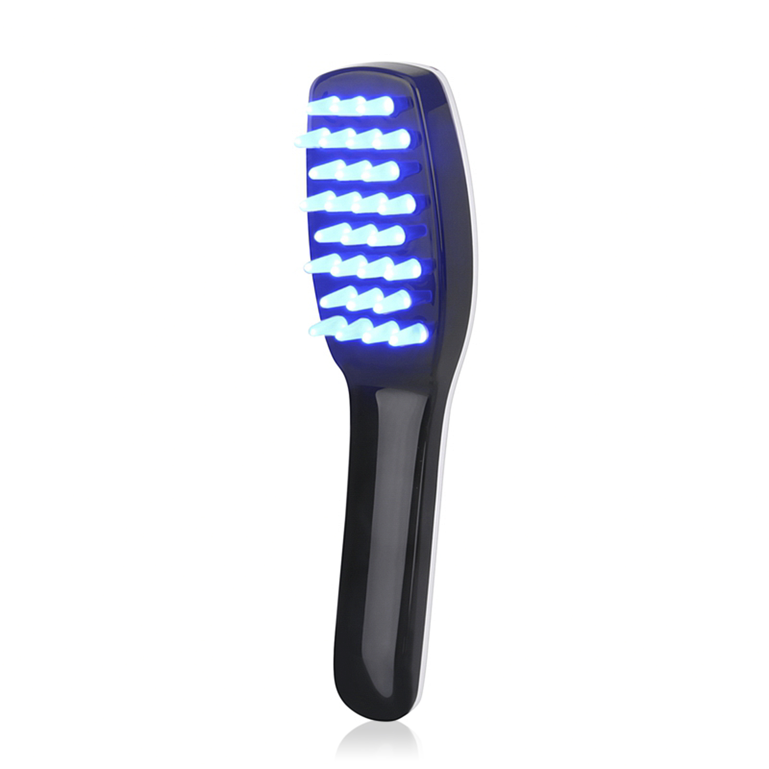 Una spazzola nera con luci LED blu che emettono dalle setole.