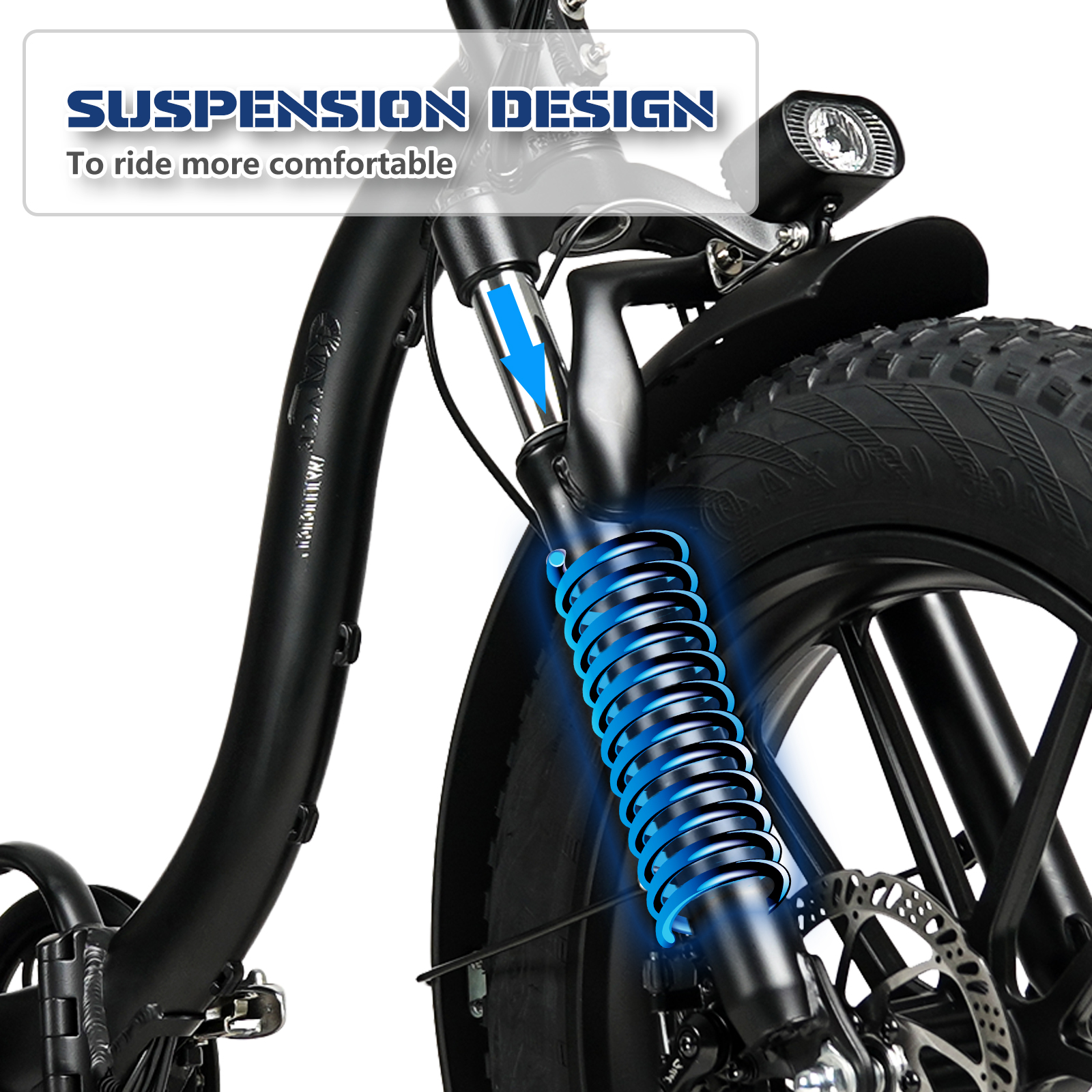 Nahaufnahme der Vorderradaufhängung eines schwarzen Fatbike mit blauen Federn und Text.