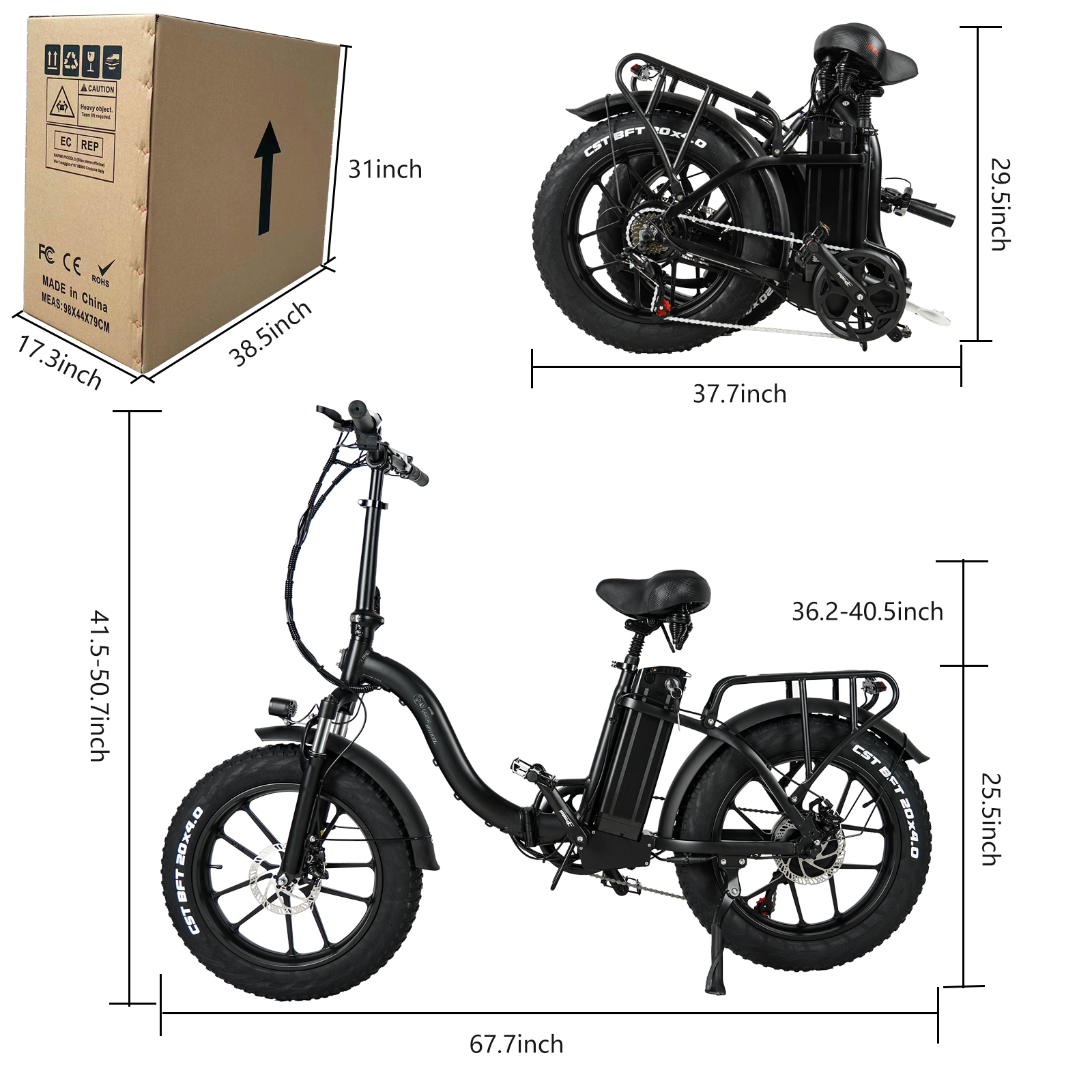 Schwarzes Elektrofahrrad, Box und Abmessungen sind dargestellt. Das Fahrrad ist gefaltet und entfaltet.