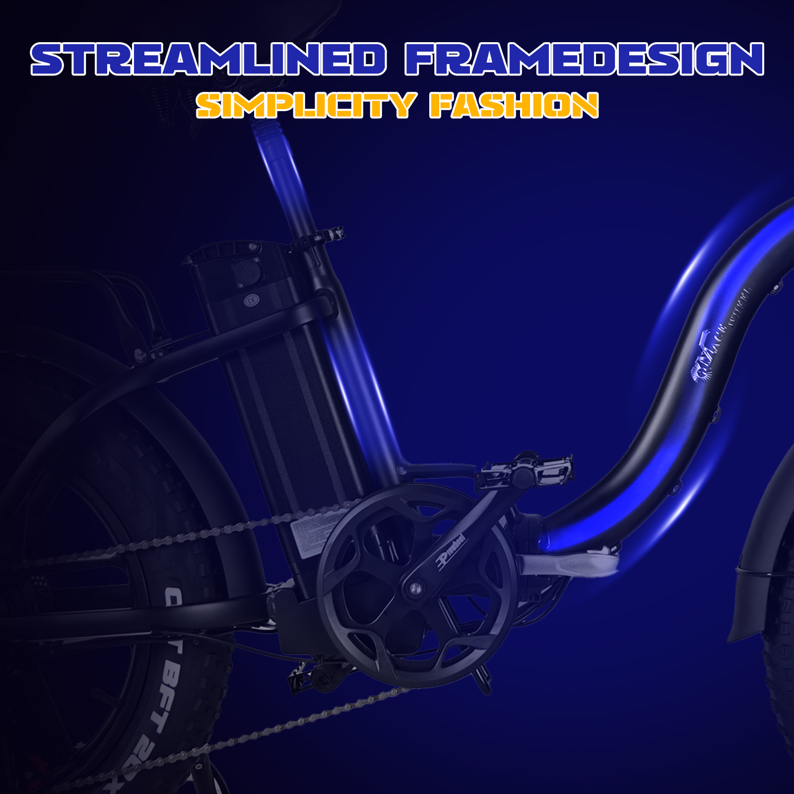 Detailaufnahme eines schwarzen Elektrofahrrads. Stromlinienförmiges Rahmendesign mit blauen Akzenten.