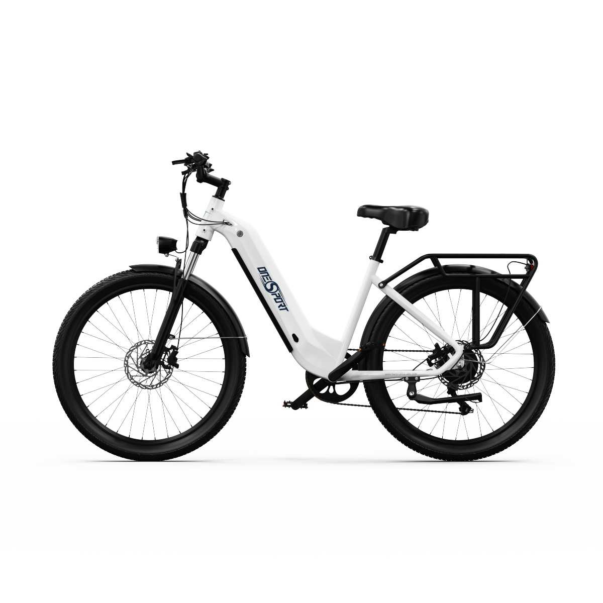 Bicicletta elettrica bianca con dettagli neri. Dotata di pneumatici spessi e portapacchi.