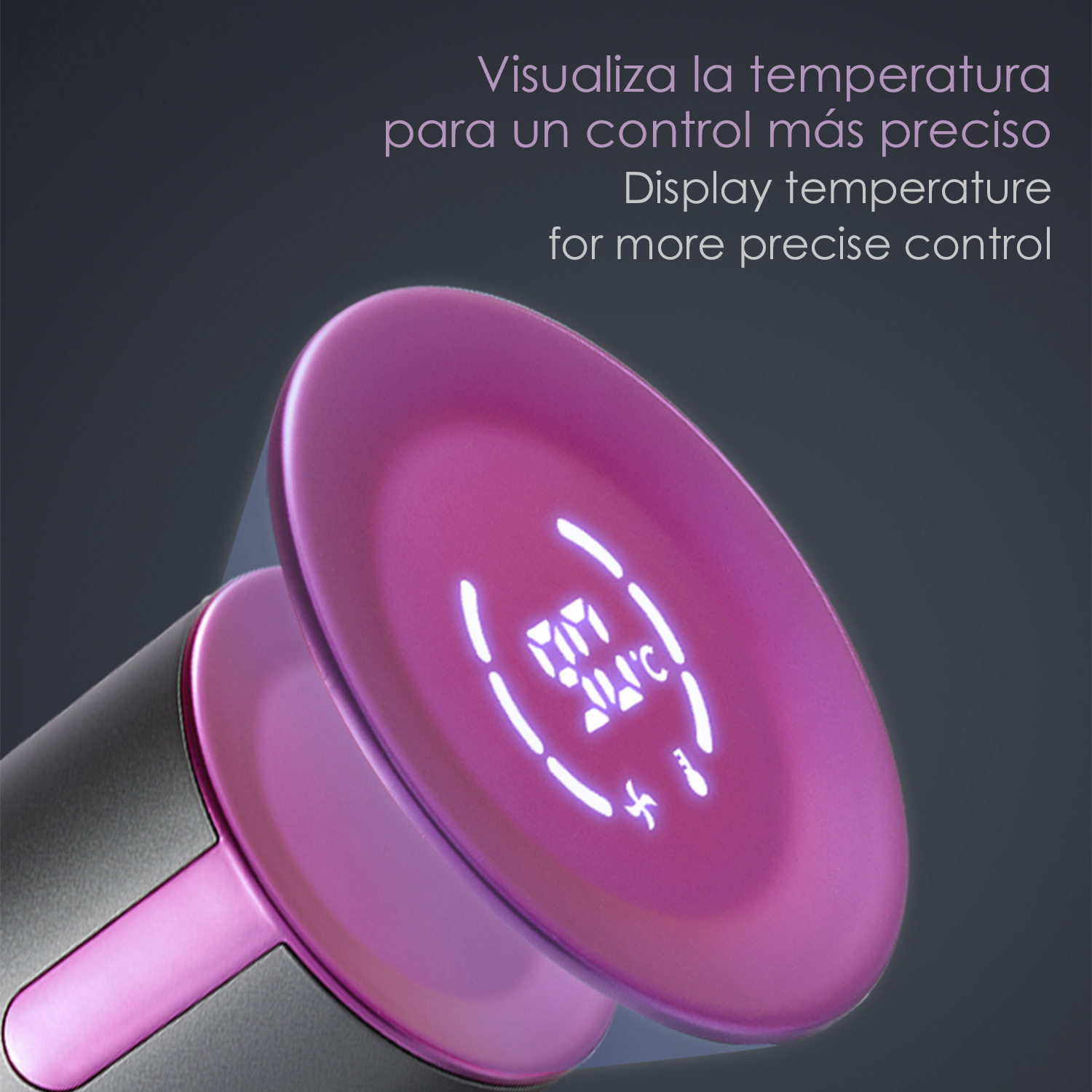 Un display rosa mostra la temperatura. Il display è su uno strumento per lo styling dei capelli.