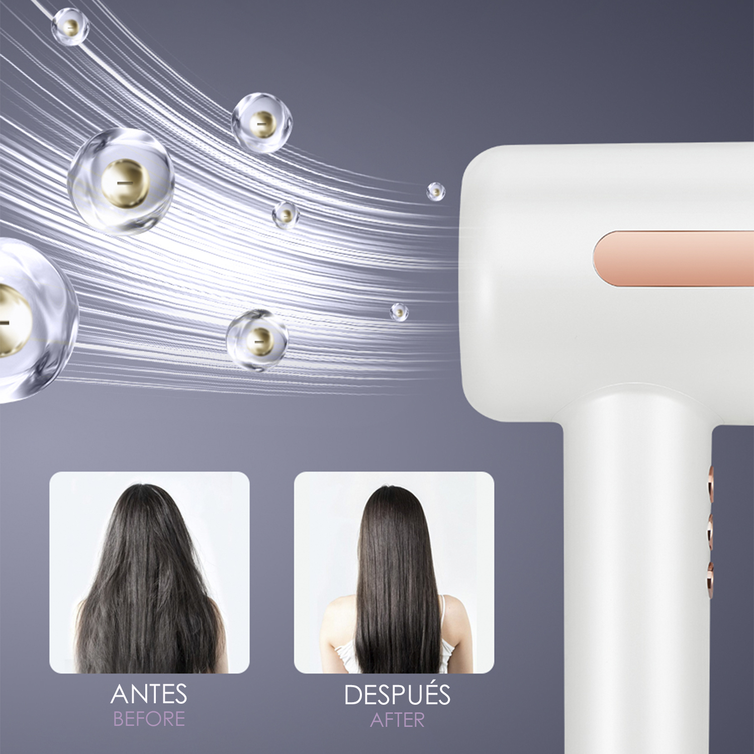 Immagini del prima e dopo dei capelli, accanto a un asciugacapelli bianco.