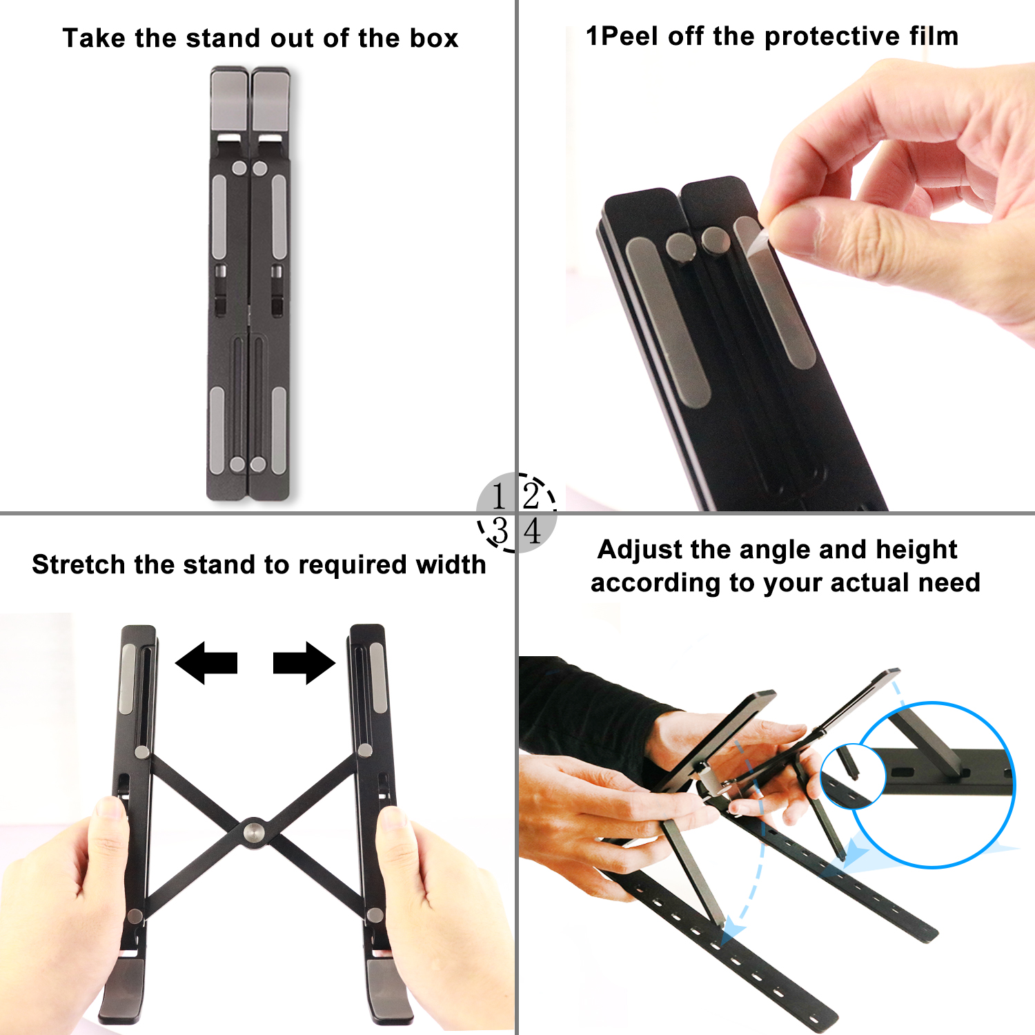 Cztery zdjęcia pokazują kroki konfiguracji stojaka na laptopa: wyjęcie, usunięcie folii, rozciągnięcie, regulacja.
