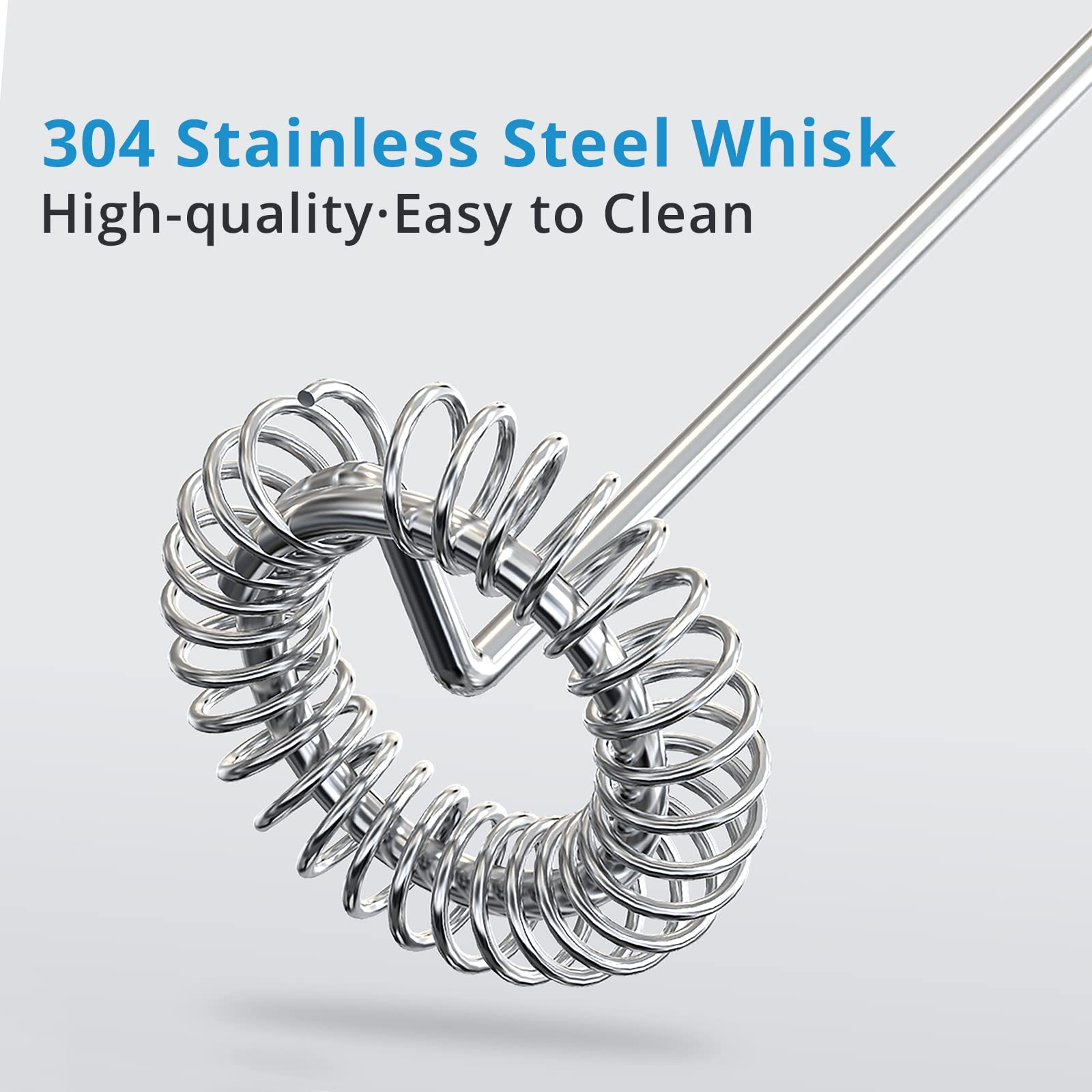 Trzepaczka ze stali nierdzewnej ze spiralnym wzorem na białym i jasnoniebieskim tle.