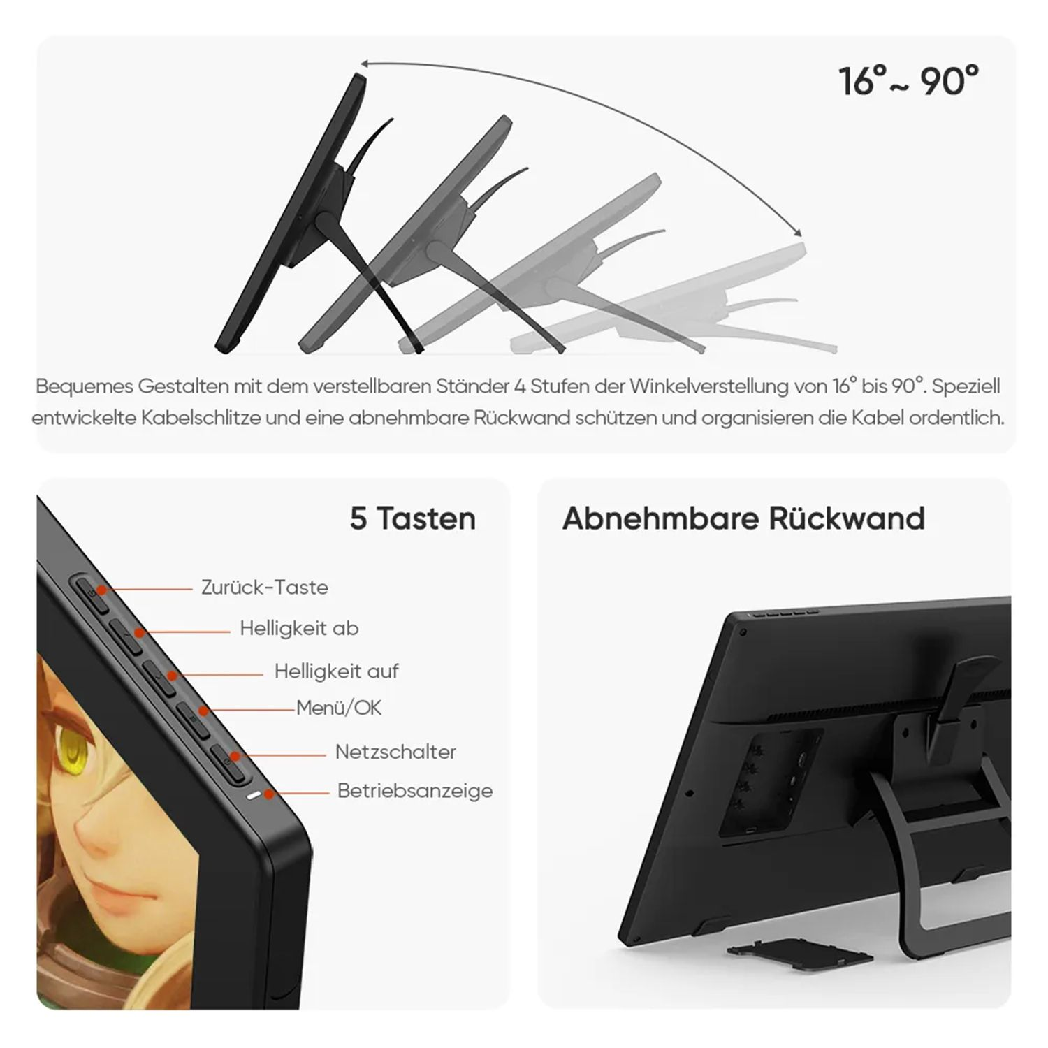 Una pantalla de tableta que muestra opciones de ajuste con un soporte.
