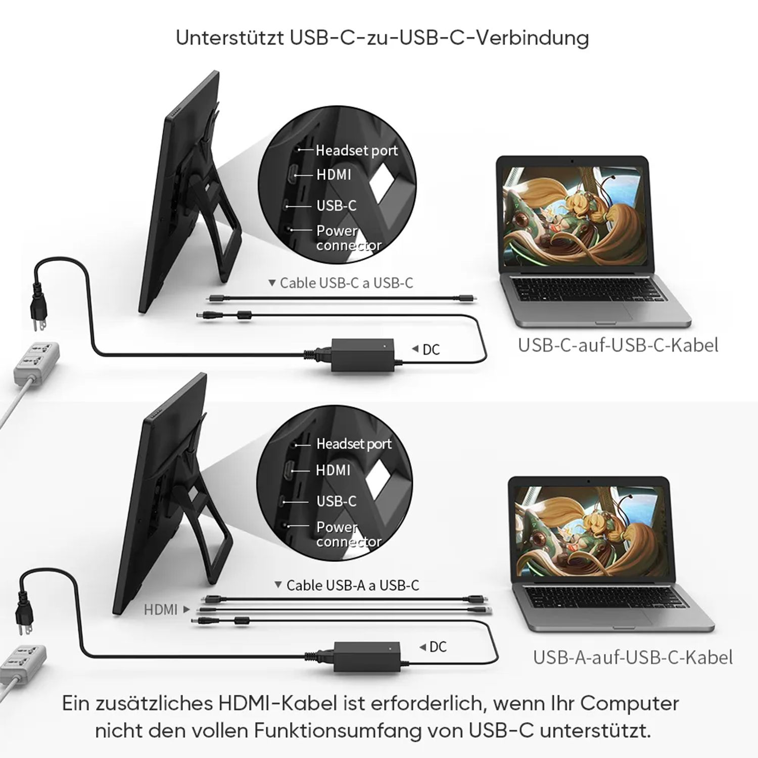 Diagrama que muestra las conexiones del monitor a la computadora portátil con cables USB-C y HDMI.