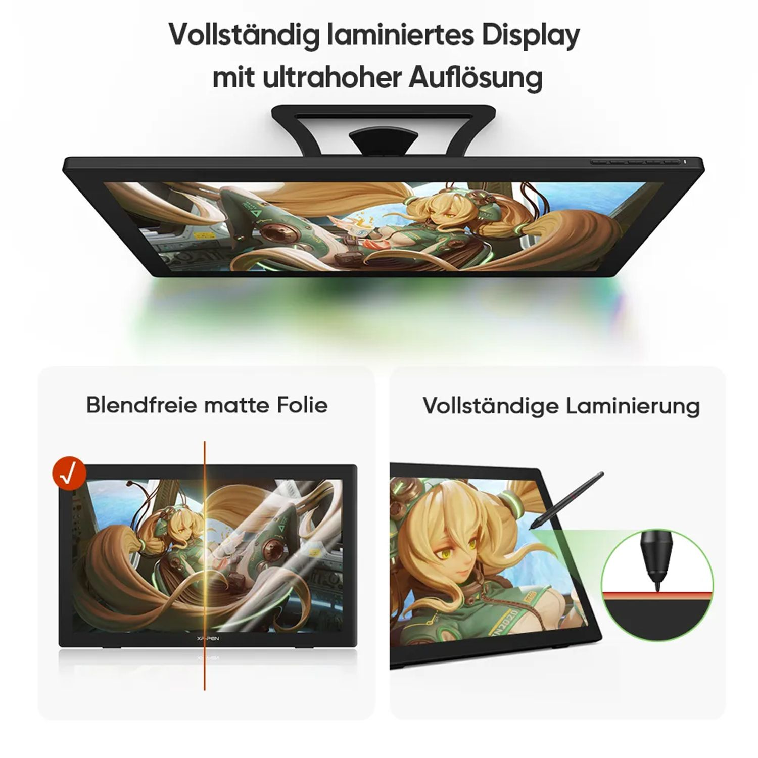 Diagrama de una tableta con una pantalla que muestra un dibujo. El texto está en alemán.