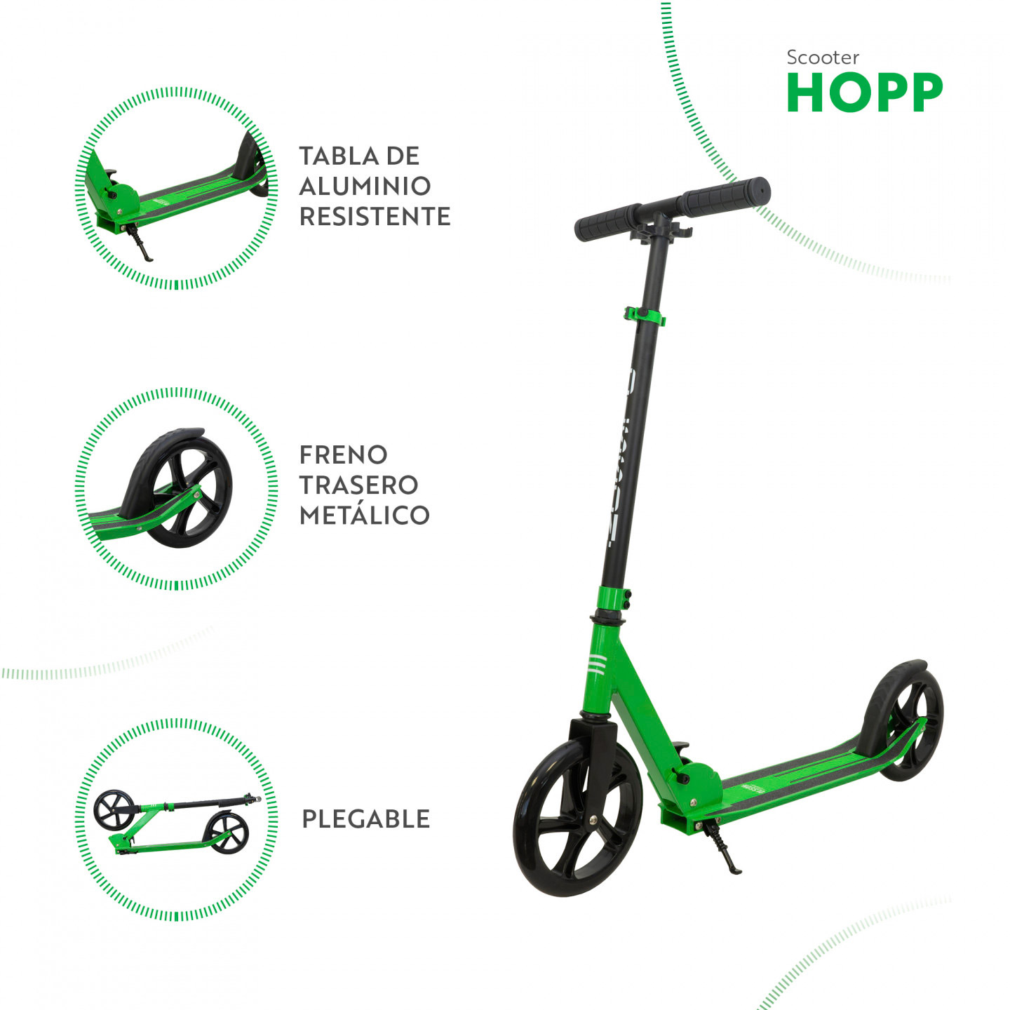 Scooter verde con ruedas negras y mecanismo plegable. Tres vistas detalladas lo muestran plegado.
