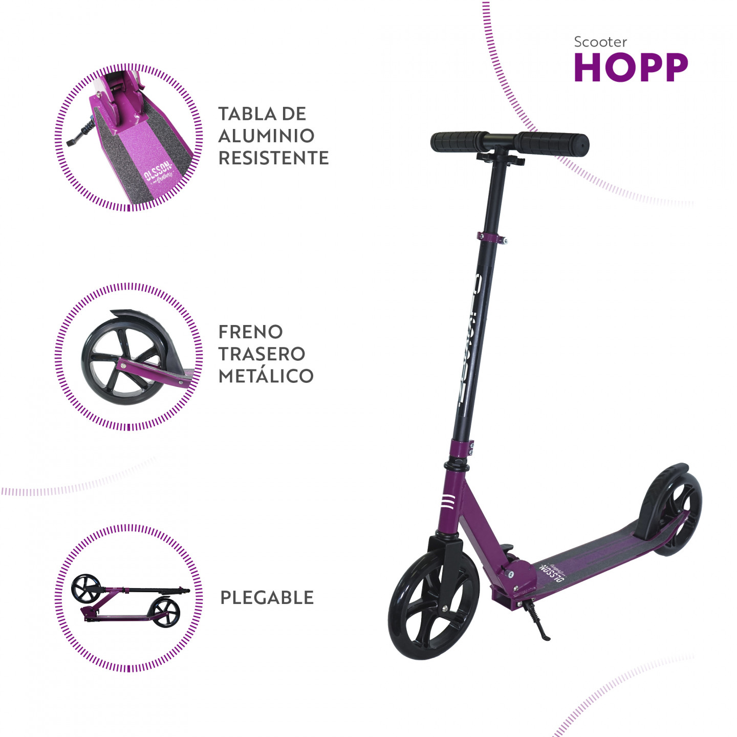 Un patinete Olsson morado con detalles: plegable, plataforma de aluminio, y freno trasero metálico, sobre blanco.
