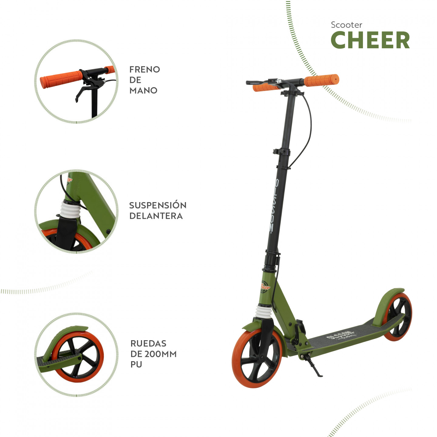 Scooter verde con detalles naranjas. Incluye freno, suspensión delantera y ruedas PU de 200mm.