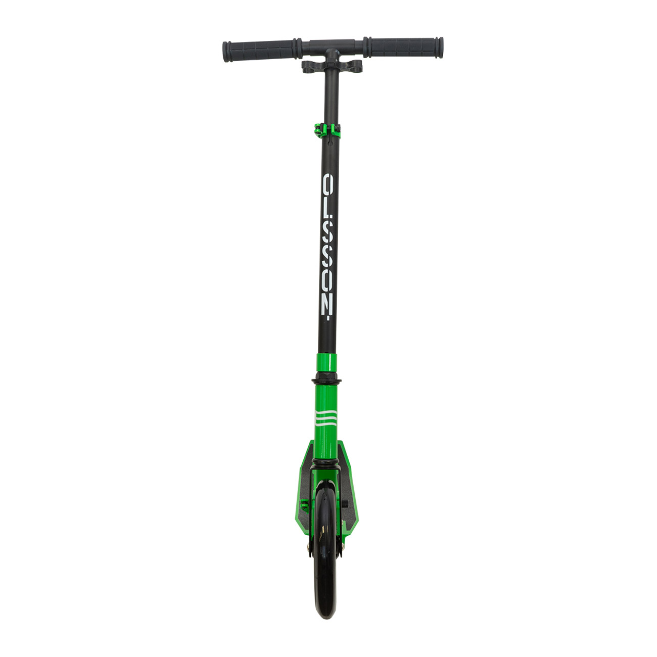 Scooter verde con manillar negro y rueda negra, fondo blanco.
