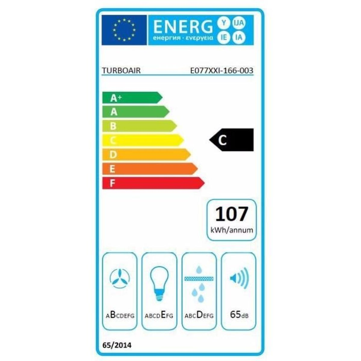 Una etiqueta energética que muestra información de eficiencia energética para un electrodoméstico Turboair.
