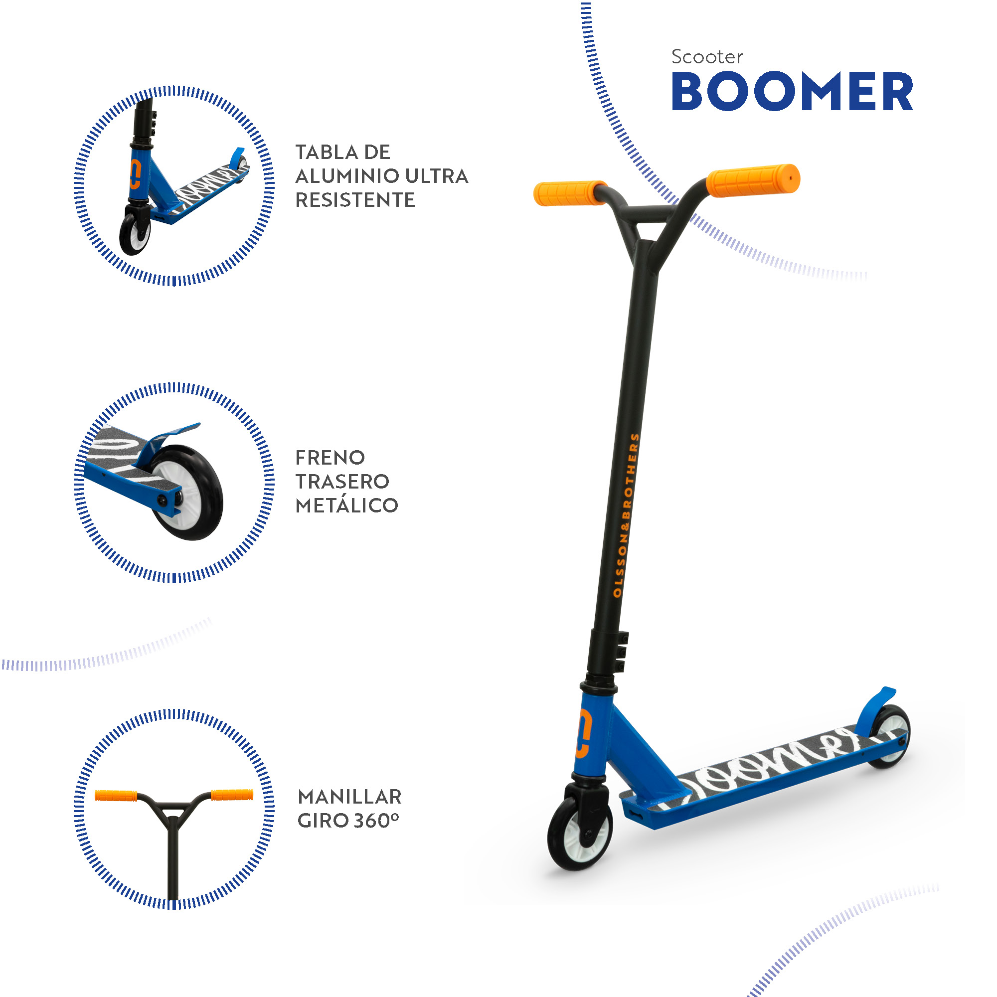Detalles del scooter Boomer: cuerpo azul, manijas naranjas. Detalles: plataforma aluminio, manillar 360°, freno metal.
